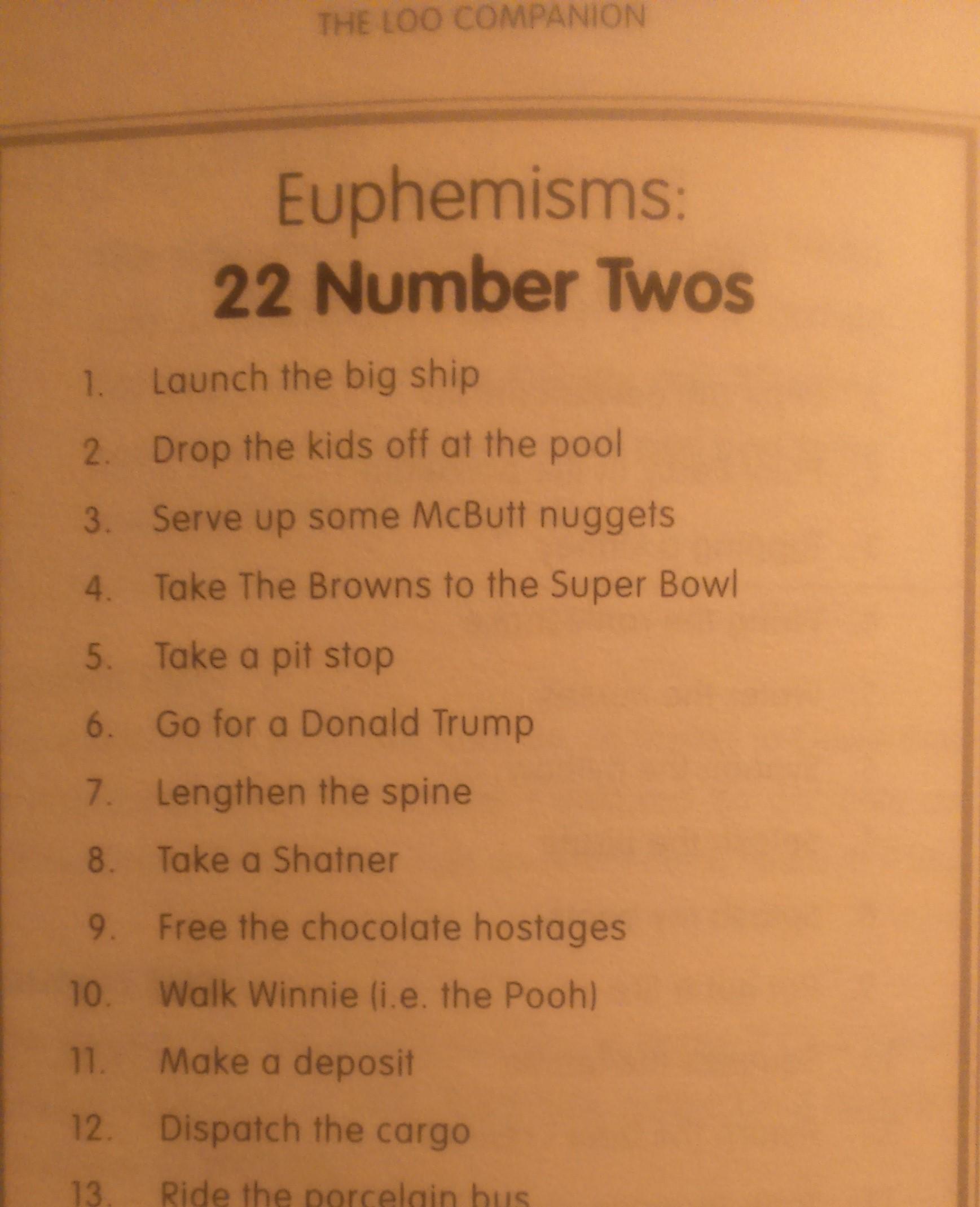 Euphemism for taking a crap. Line 6 is interesting r/funny