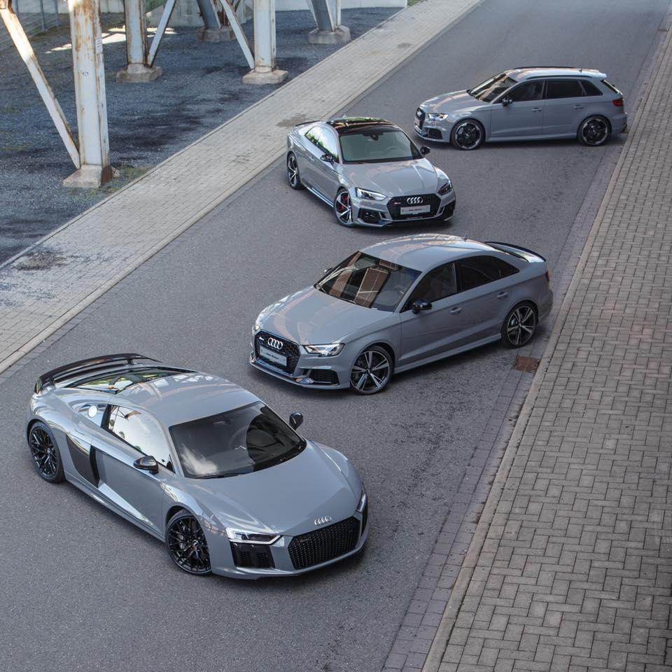 3 generations of Nardo grey Audis R8, 2 RS3s, and an RS5. r/carporn