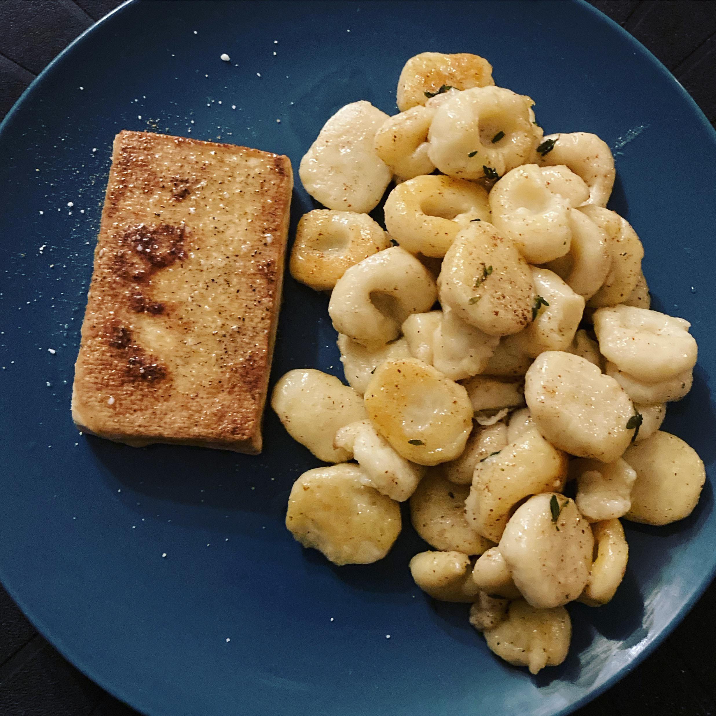 Fried tofu with gnocchi in a browned butter and thyme sauce, r/FoodPorn