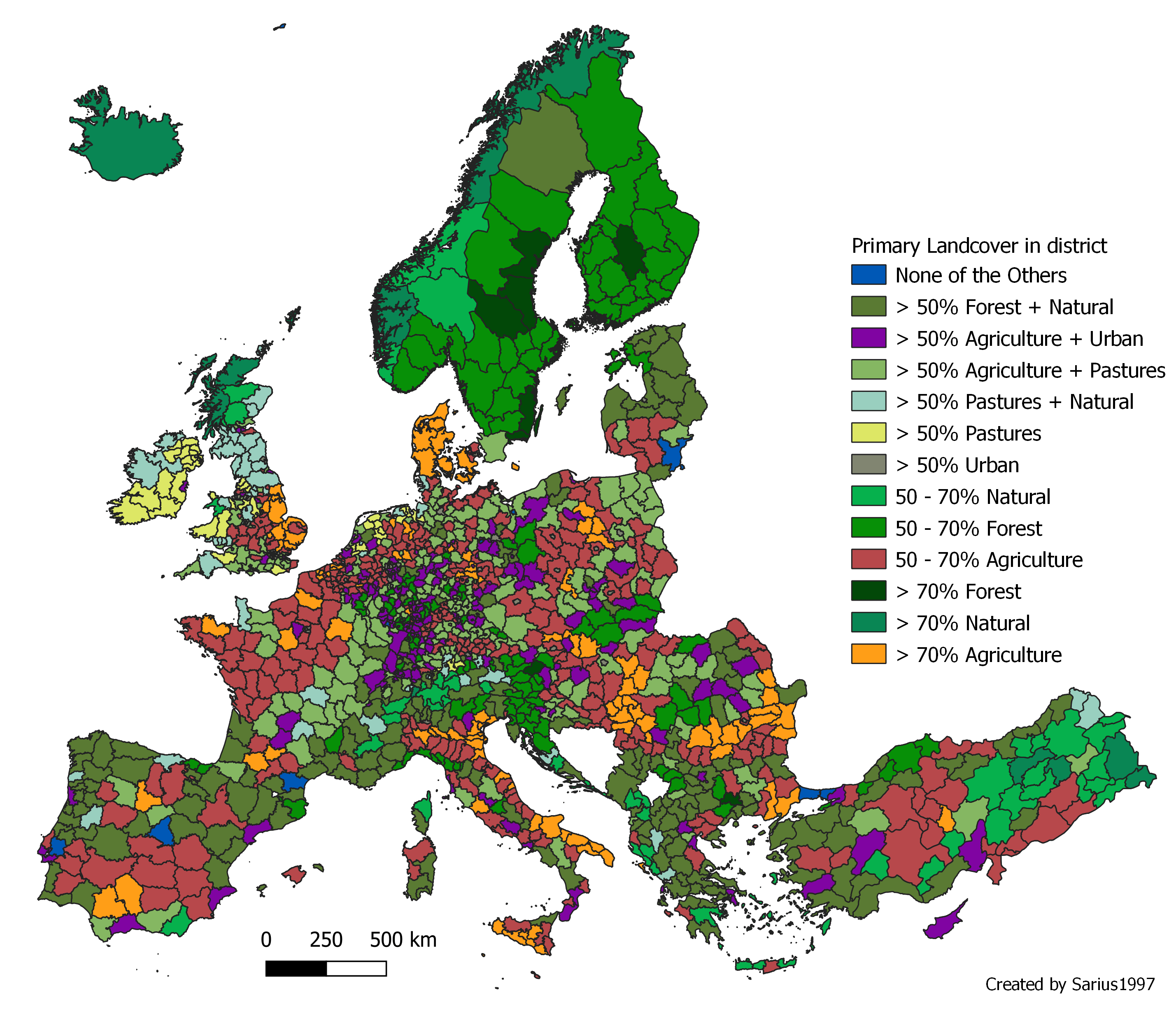Primary Landcover in NUTS3 Area r/europe