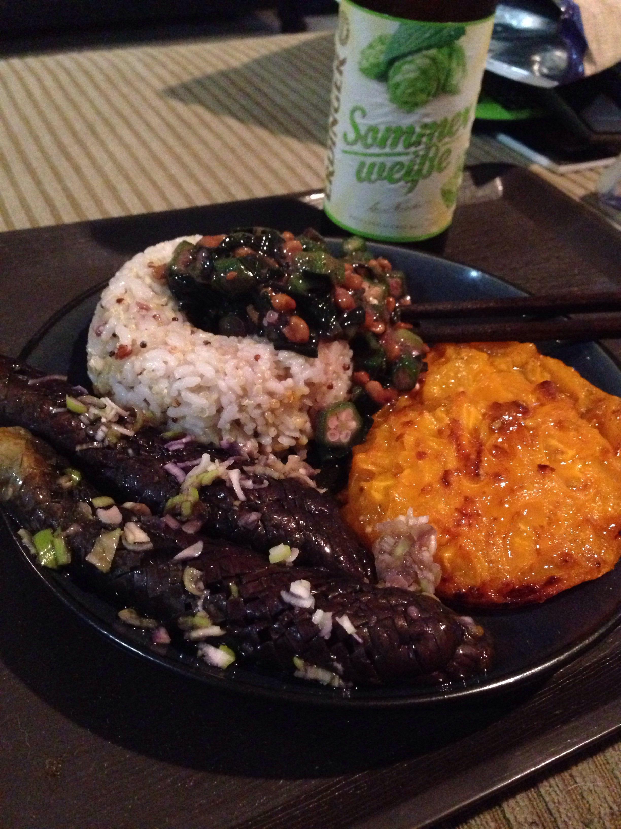 Eggplant, Tomato, okra natto mix, rice r/vegan