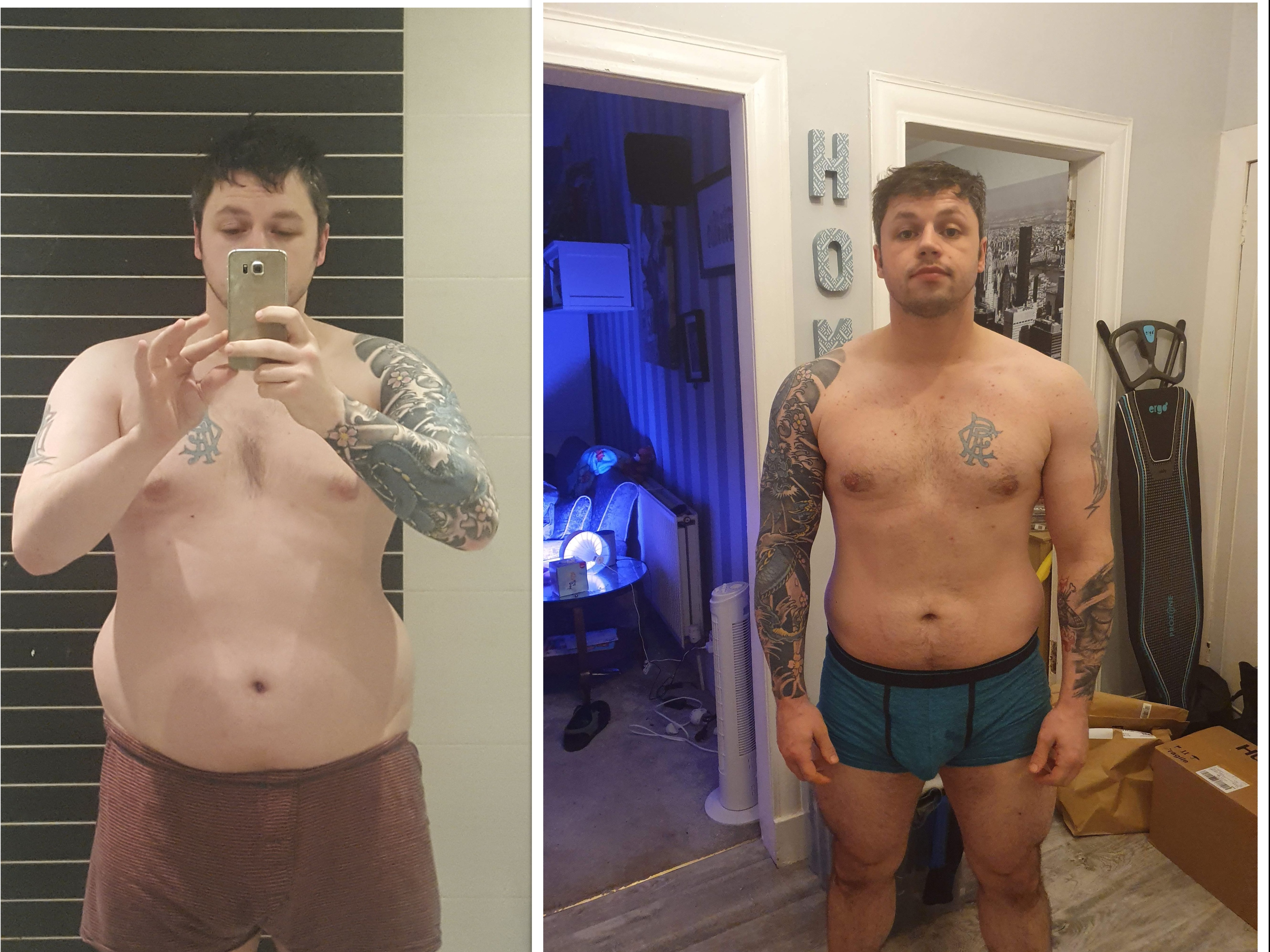 weight loss from 22 stone in 2018, on the left to 17, stone 3 a month