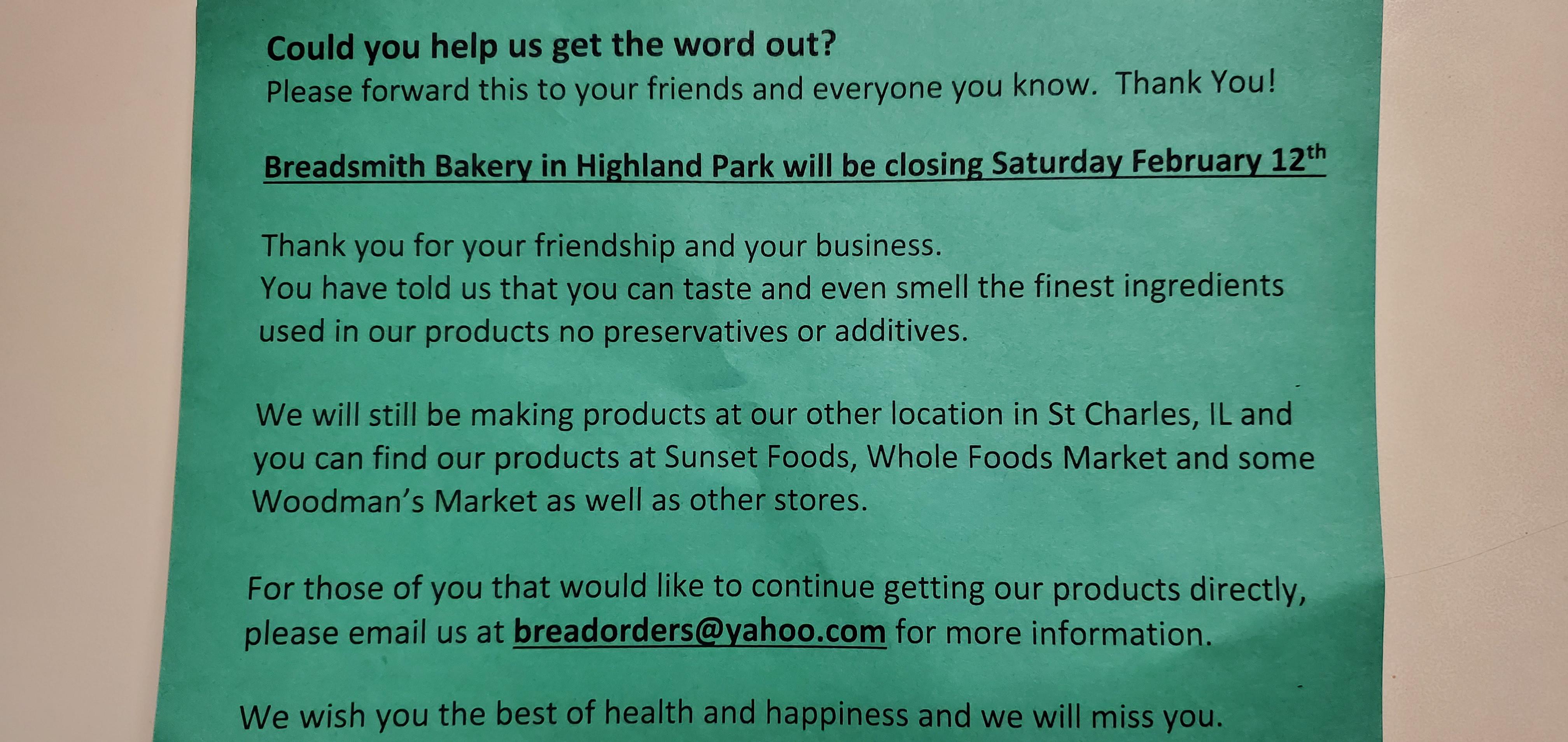 Breadsmith Bakery in Highland Park closing 2/12 r/chicagofood
