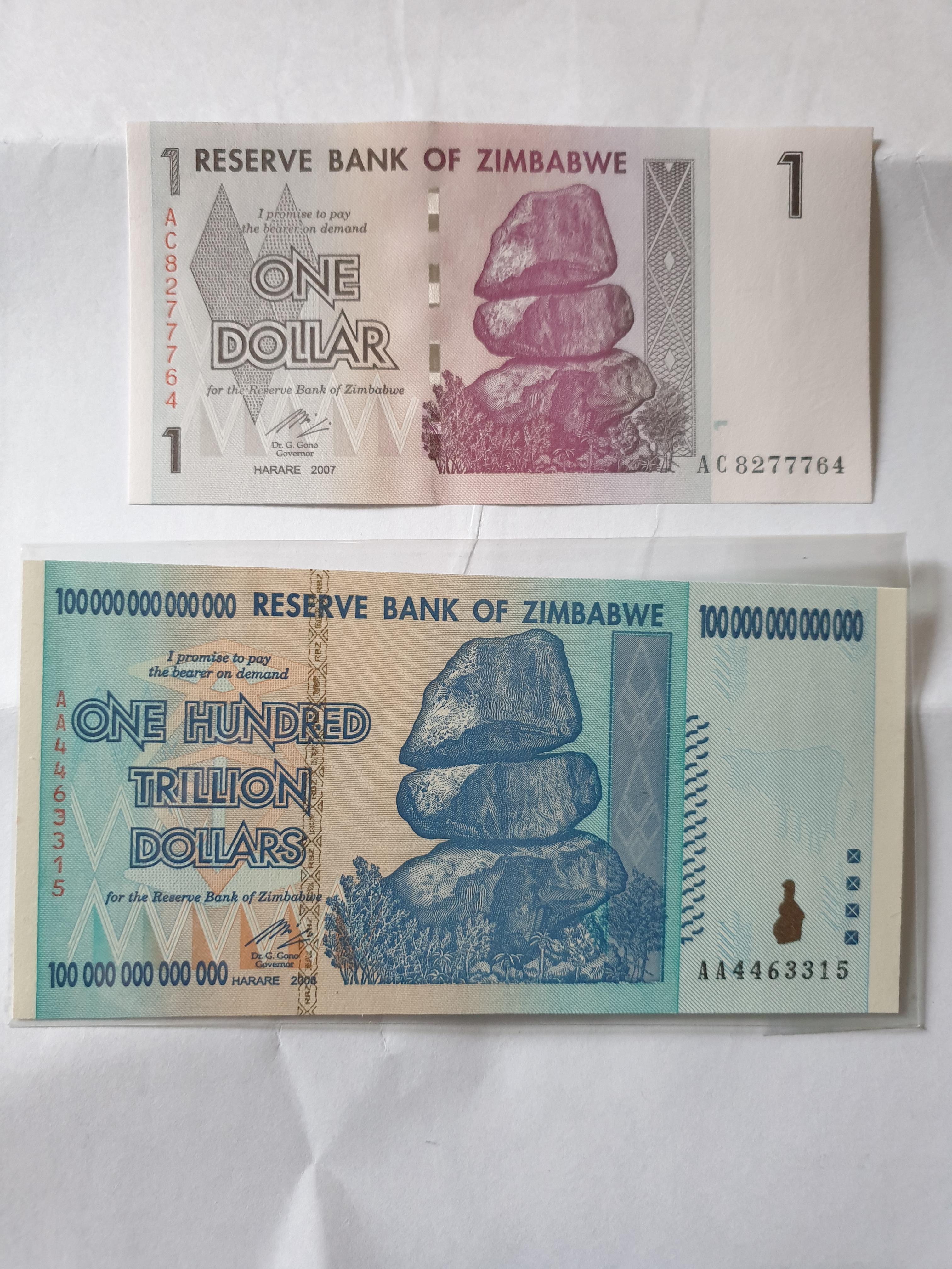 Zimbabwe bank notes 1 year apart due to hyperinflation (20072008) r