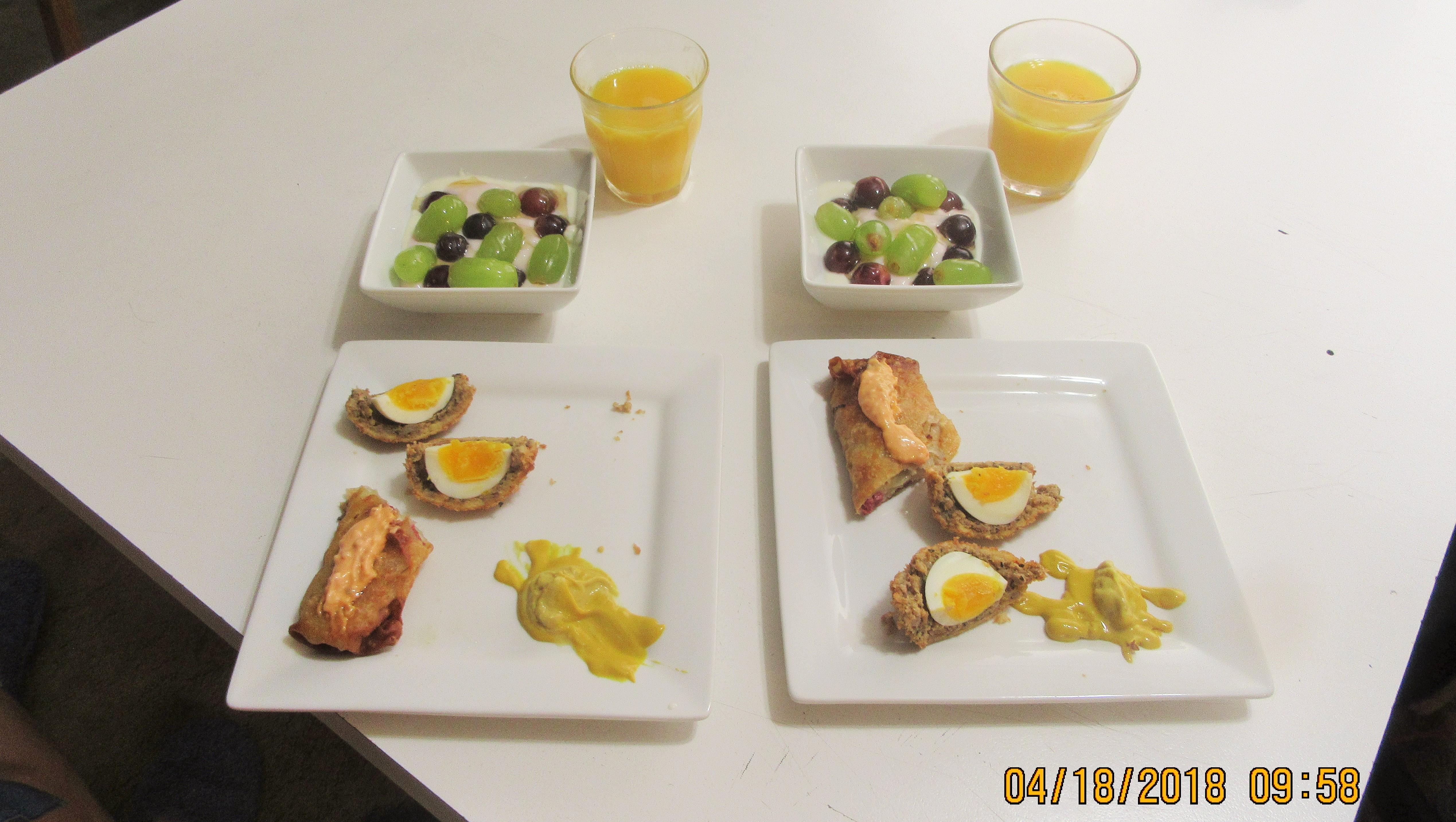 Ruben egg roll (sauerkraut, Swiss cheese, corned beef) Scotch egg