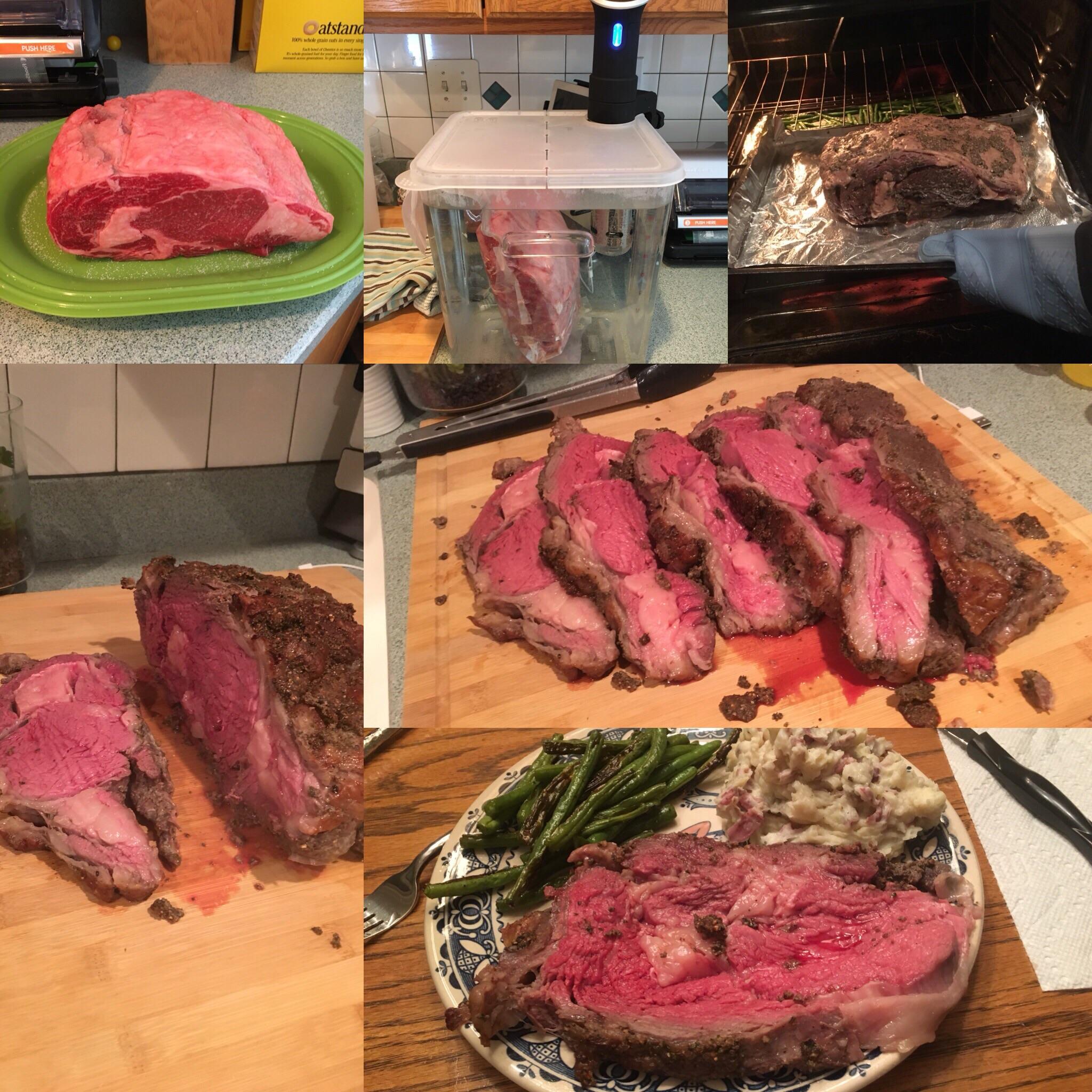 Prime Rib. 6 hours at 132 degrees, then rubbed down with herbs and