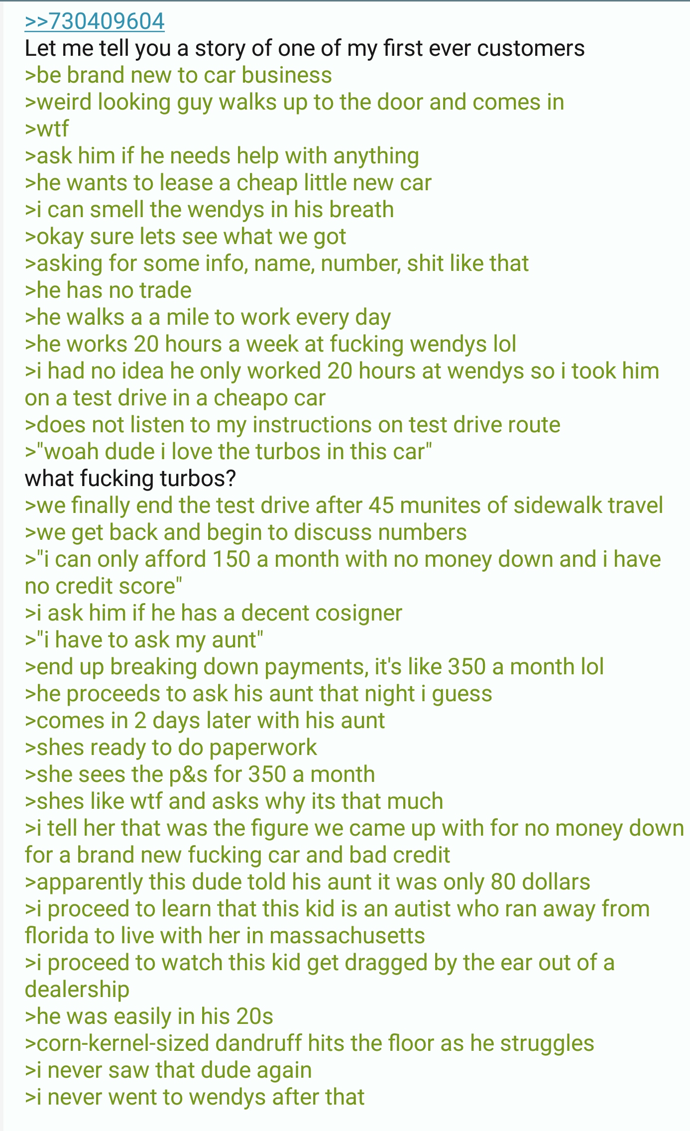 Car salesman on /b/ tells a story r/4chan
