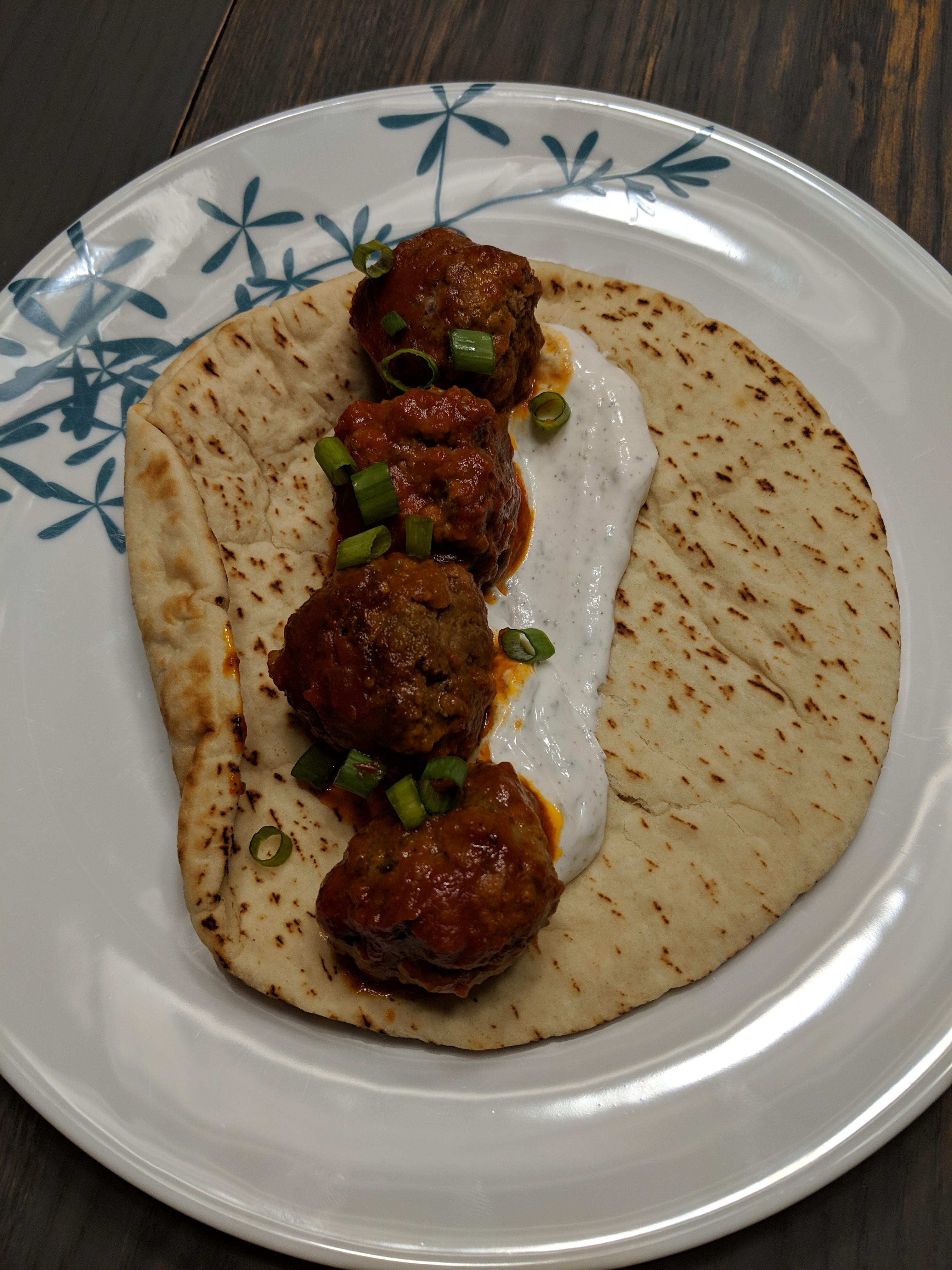 [Homemade] Meatballs in Red Wine Tomato Sauce, Greek Yogurt on Pita r