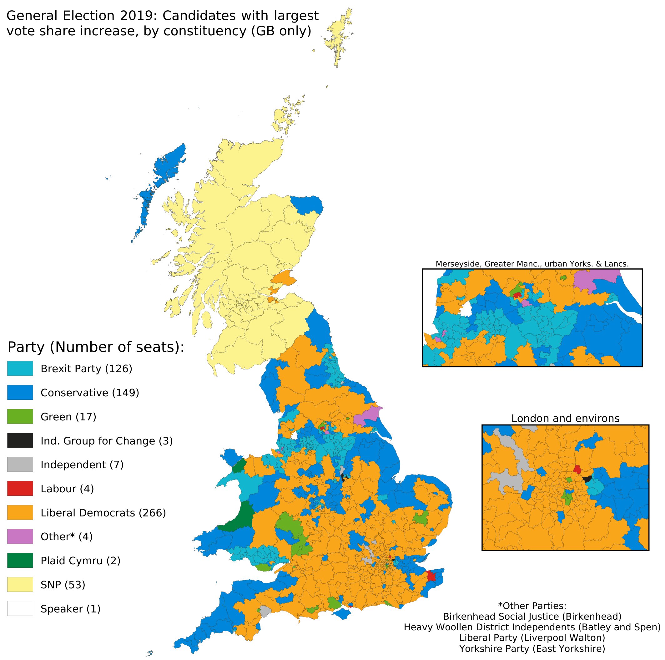 Map of Great Britain constituencies by which party had the greatest