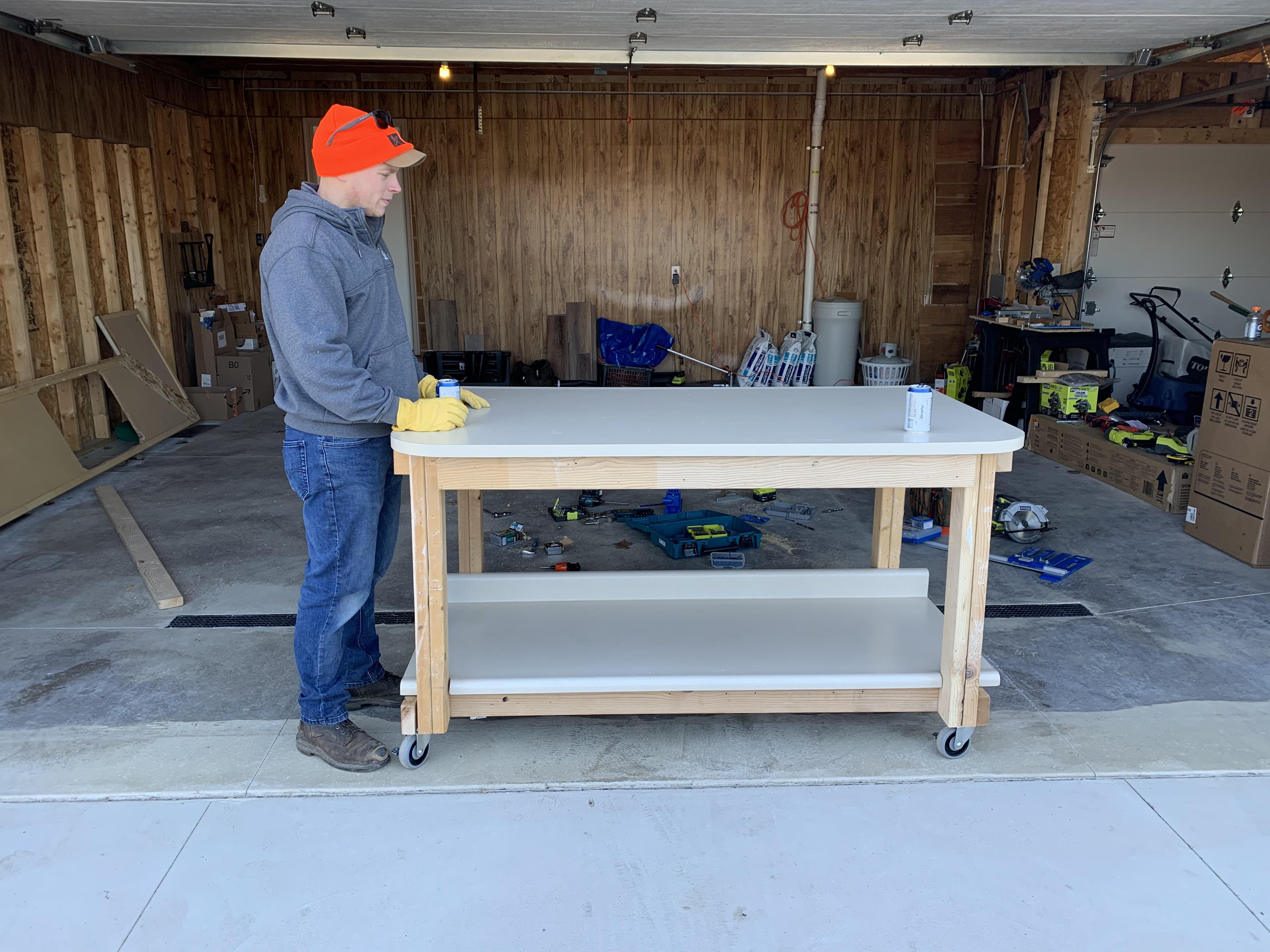Workbench from repurposed closet studs and kitchen countertops. r