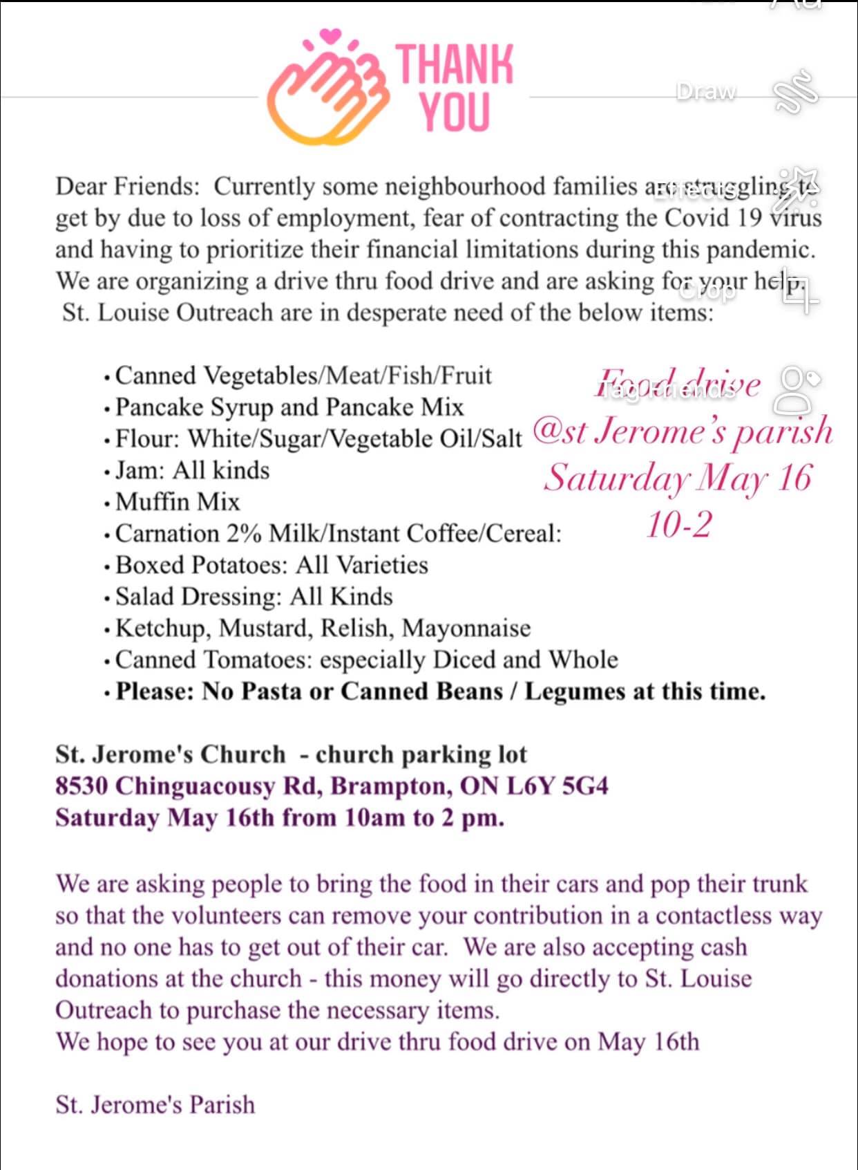 St Jerome's Parish Hosting Drive Thru Food Drive this Saturday May 16th 10am2pm To Help Ste