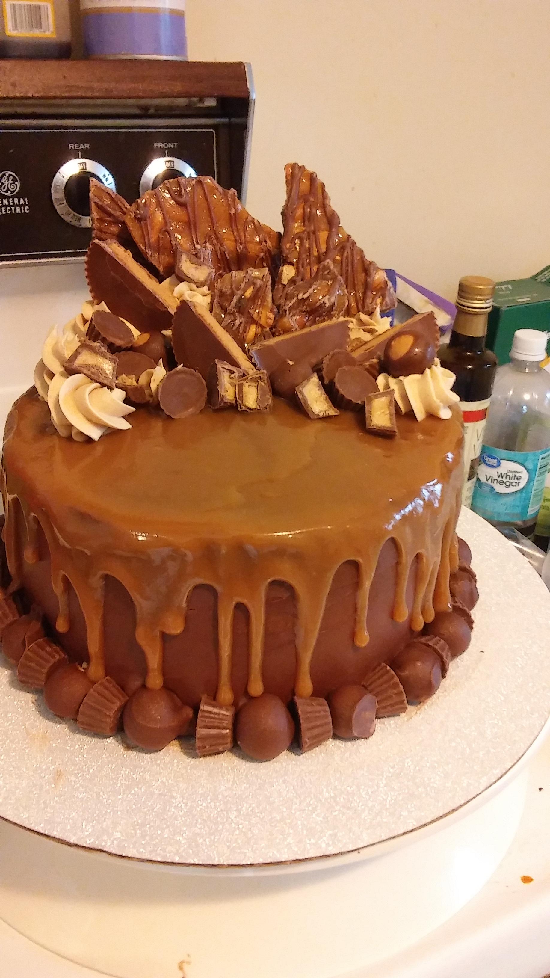 (OC, homemade ) peanut butter filled chocolate cake with peanut butter