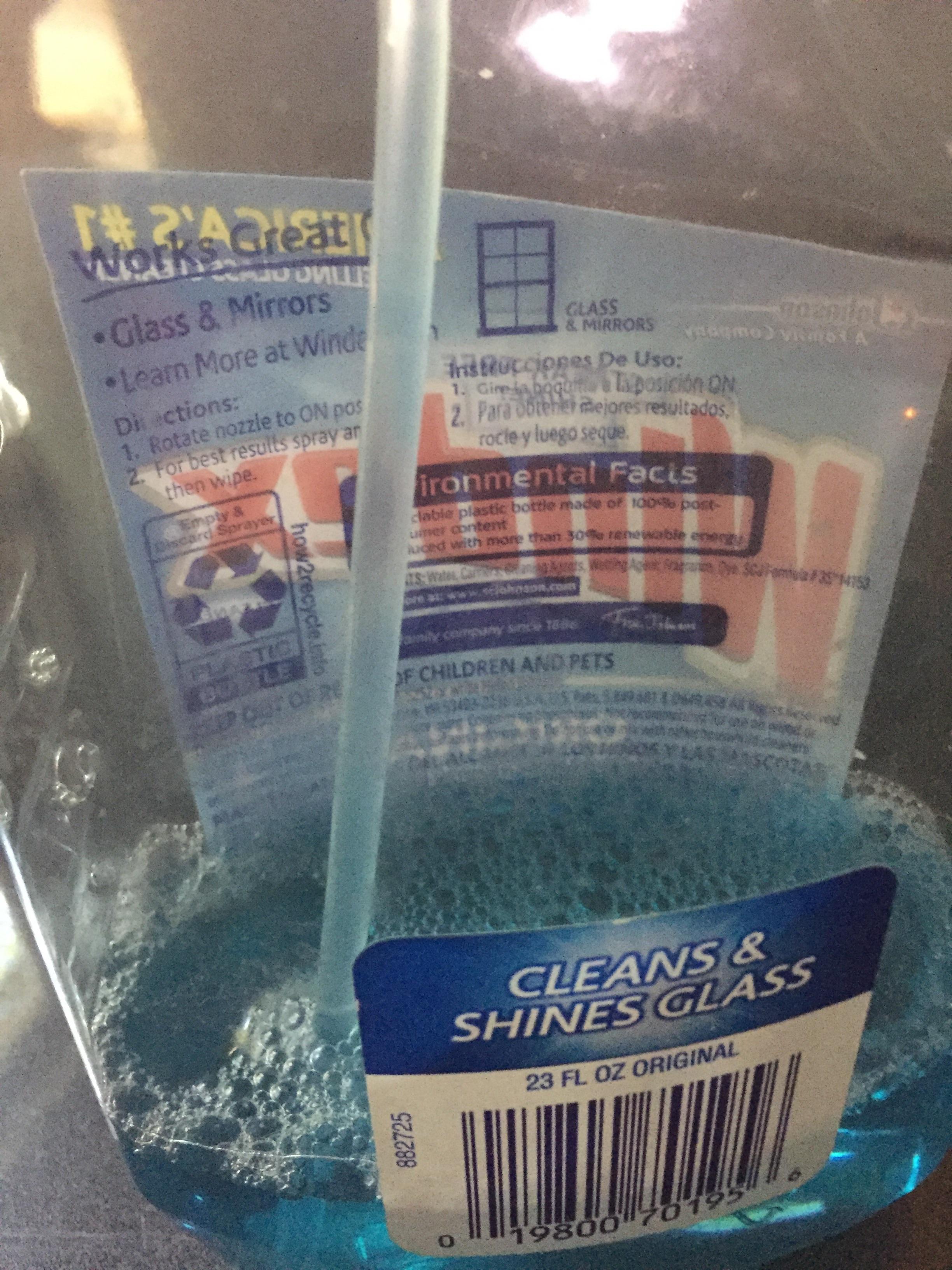 Windex’s ingredients and warnings are behind the label, which isn’t