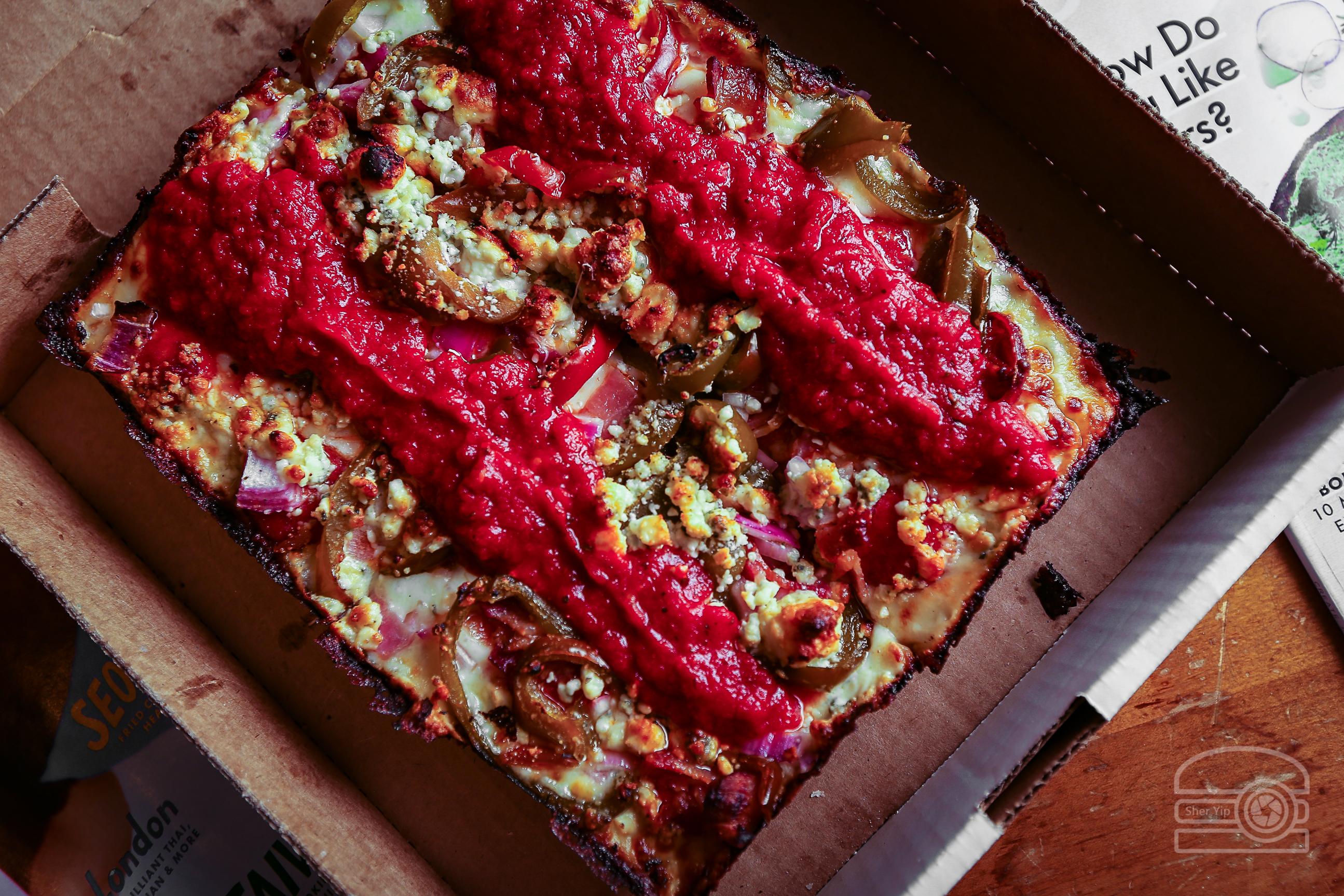 Detriot Style Pizza w/ Double pepperoni, bacon, sweet pepper, red onion