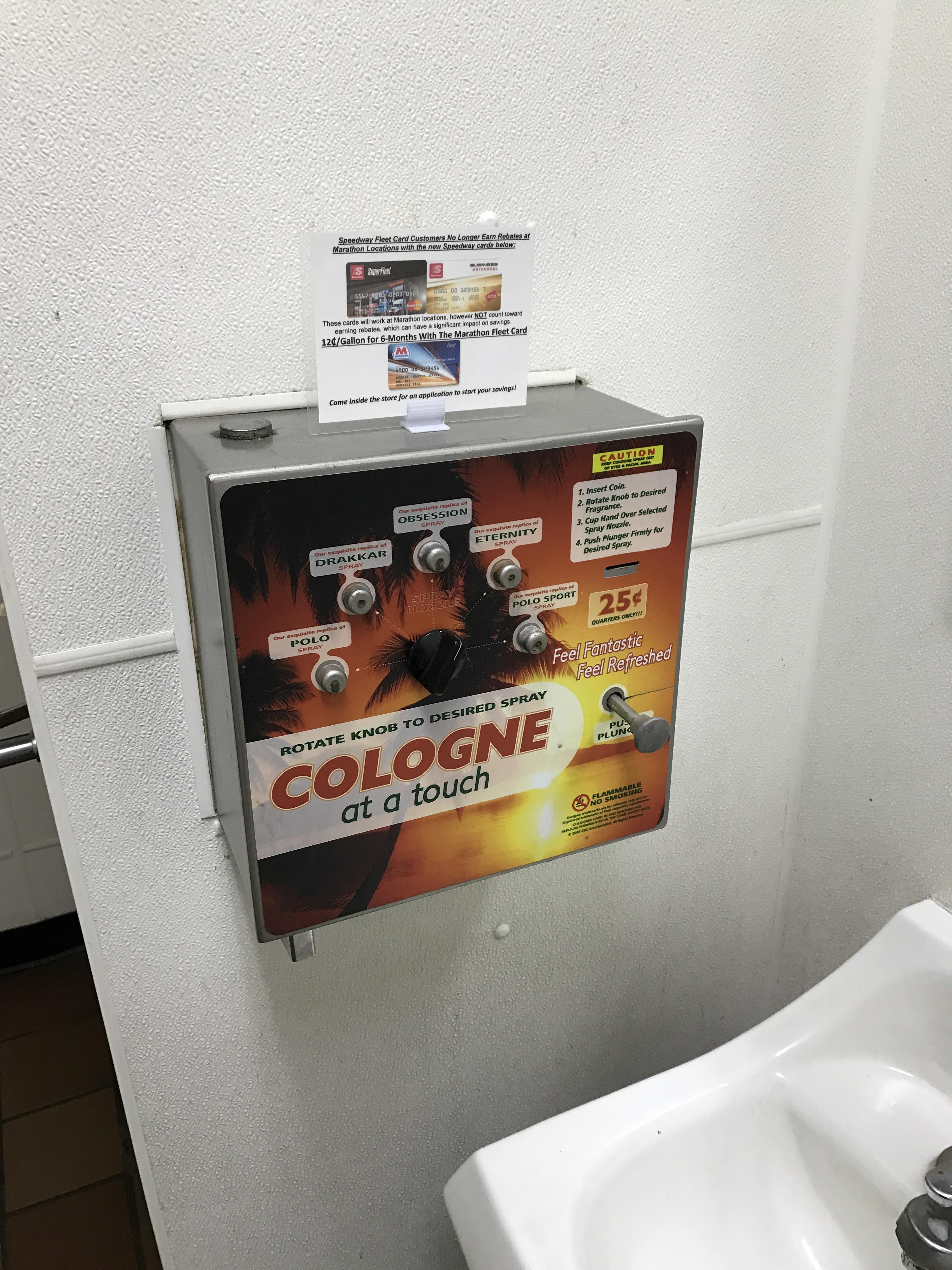 This gas station bathroom vending machine sprays cologne directly onto