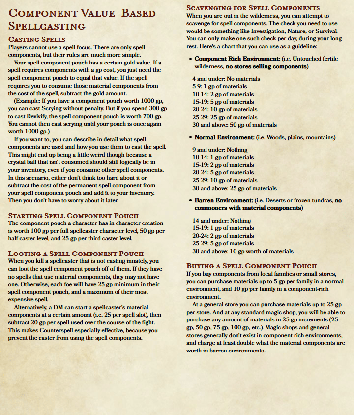 Improved Spell Component Rules (more detailed mechanics, fewer