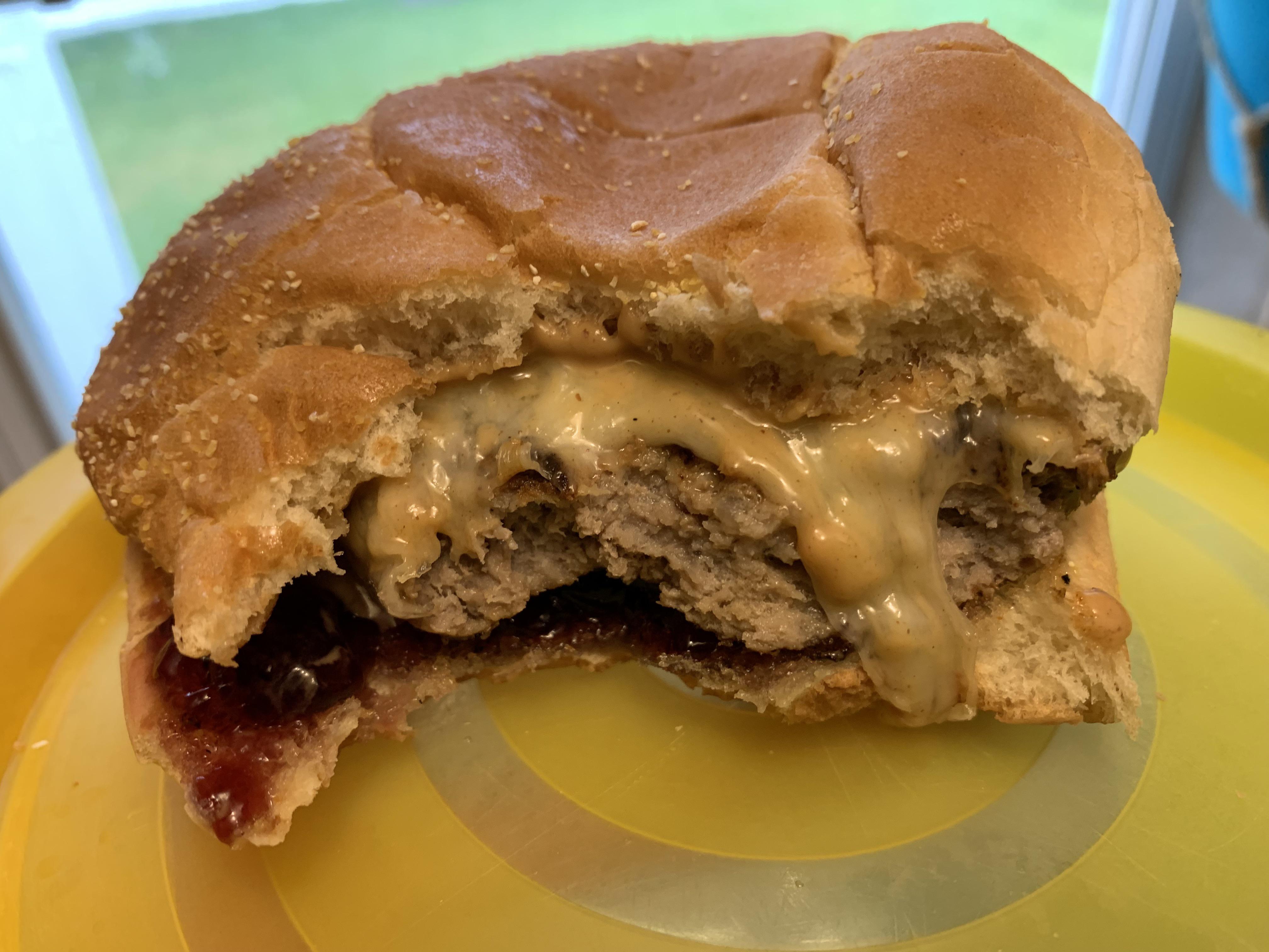 Peanut butter and jelly burger using a frozen turkey burger, and some