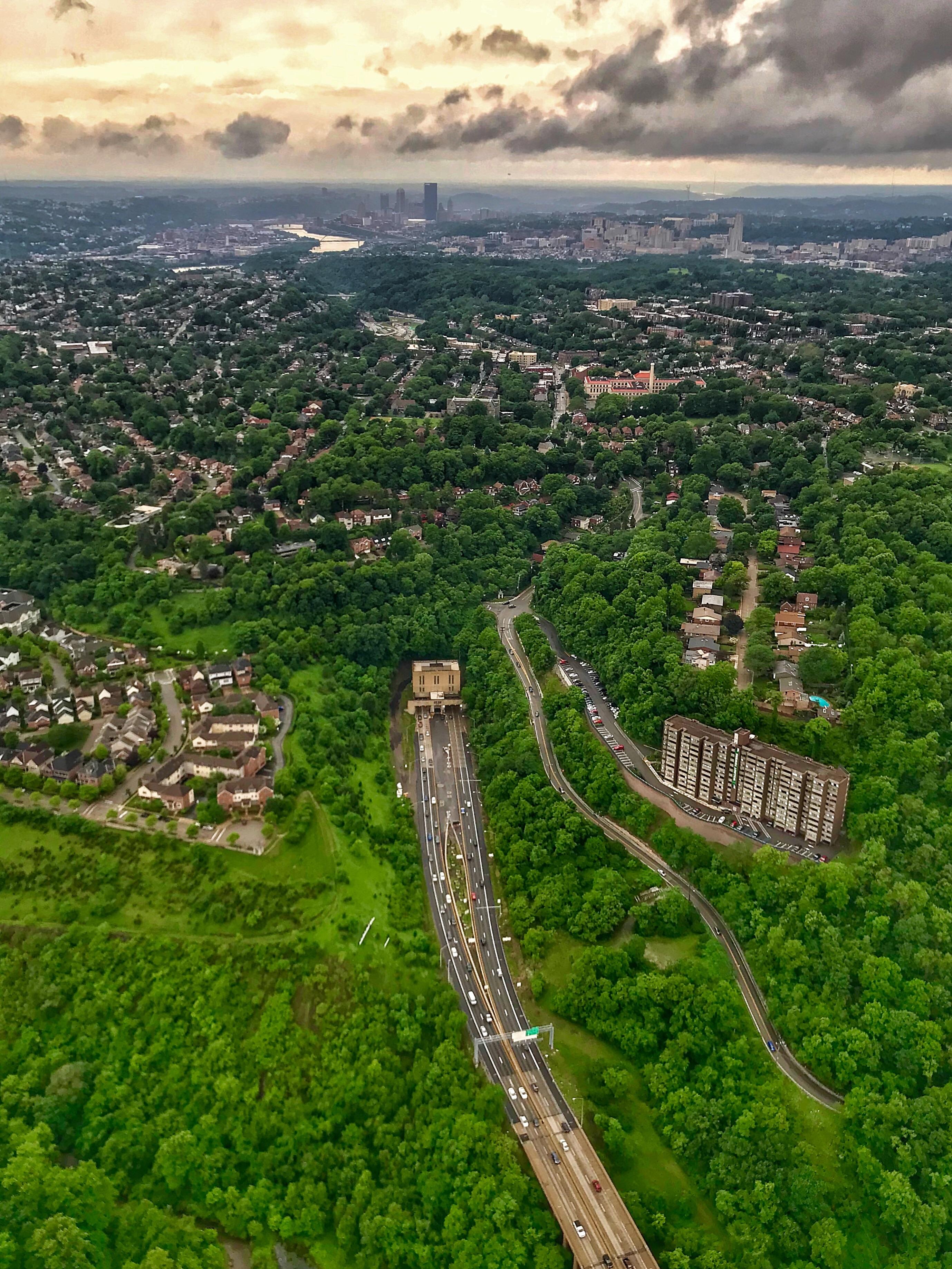 Inbound above the Squirrel Hill Tunnel with Oakland and downtown 