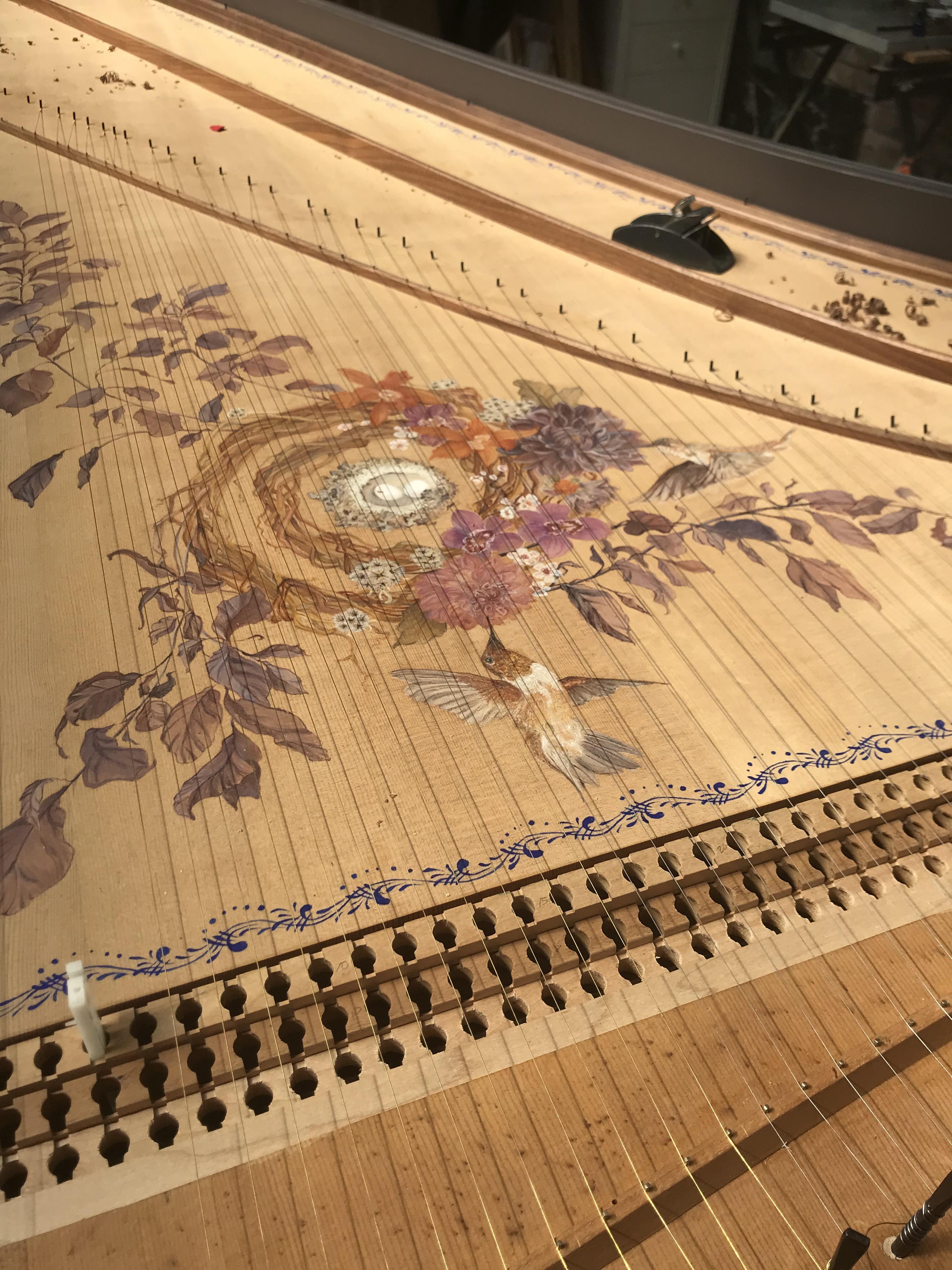 Harpsichord Rehab new soundboard with custom egg tempera painting