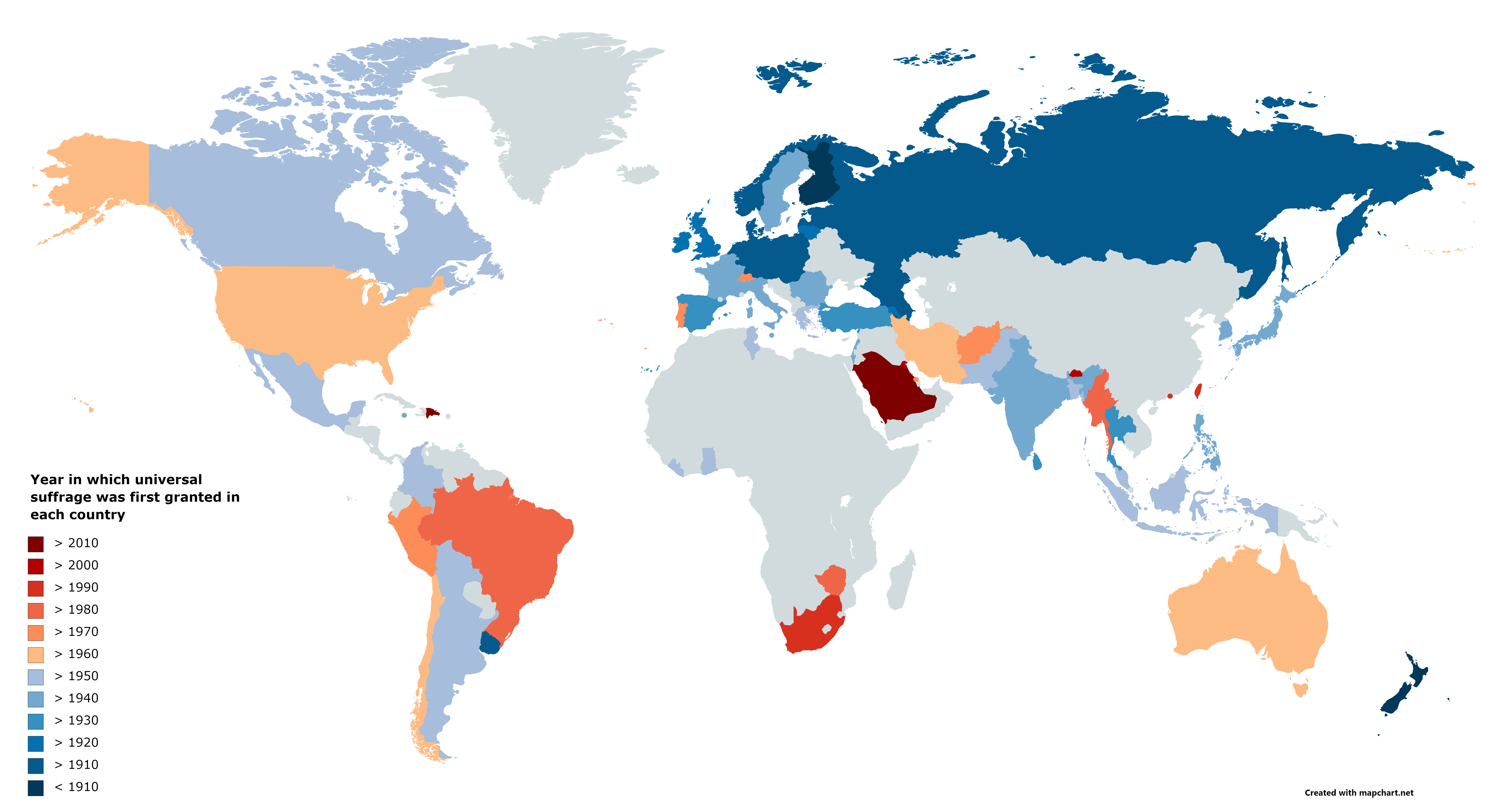 Year in which universal suffrage was first granted in each country r