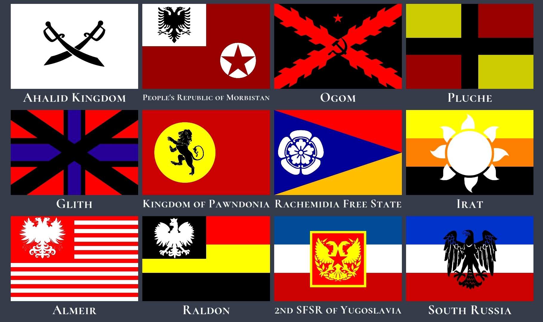 Fictional countries flags part 4 + 2 proposal flags r/vexillology