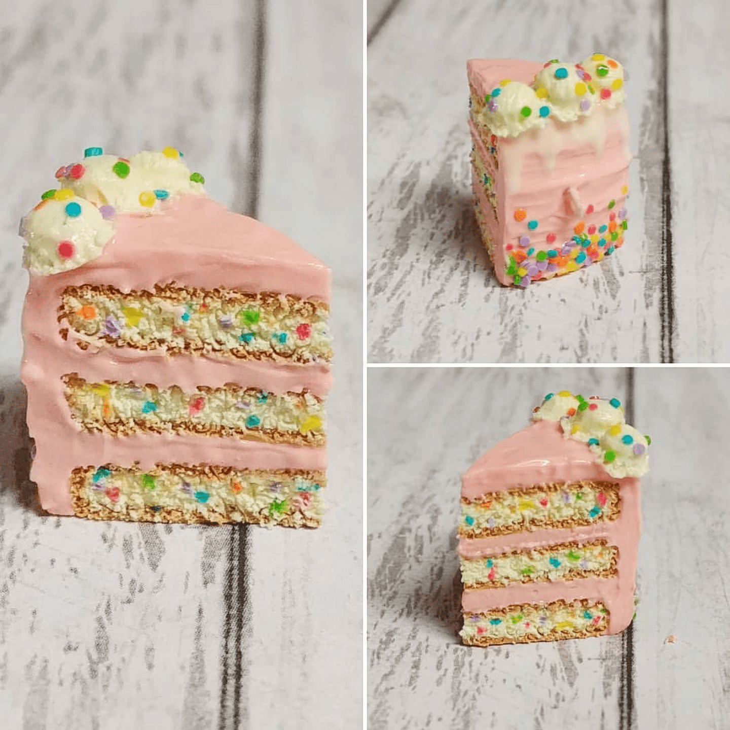 Polymer clay cake slice charm I made for one of my employees at work