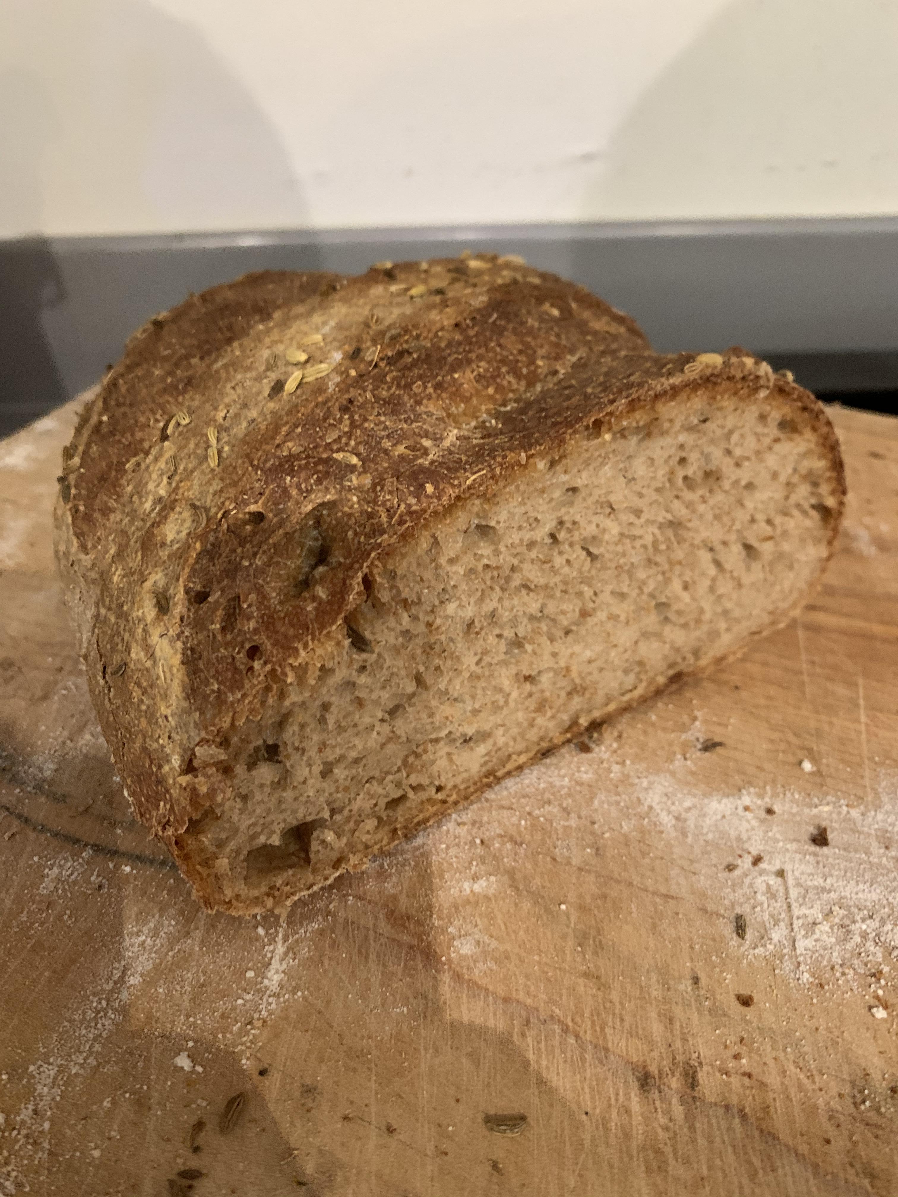 Whole wheat and rye plus fennel seed sourdough; really tasty. r/Breadit