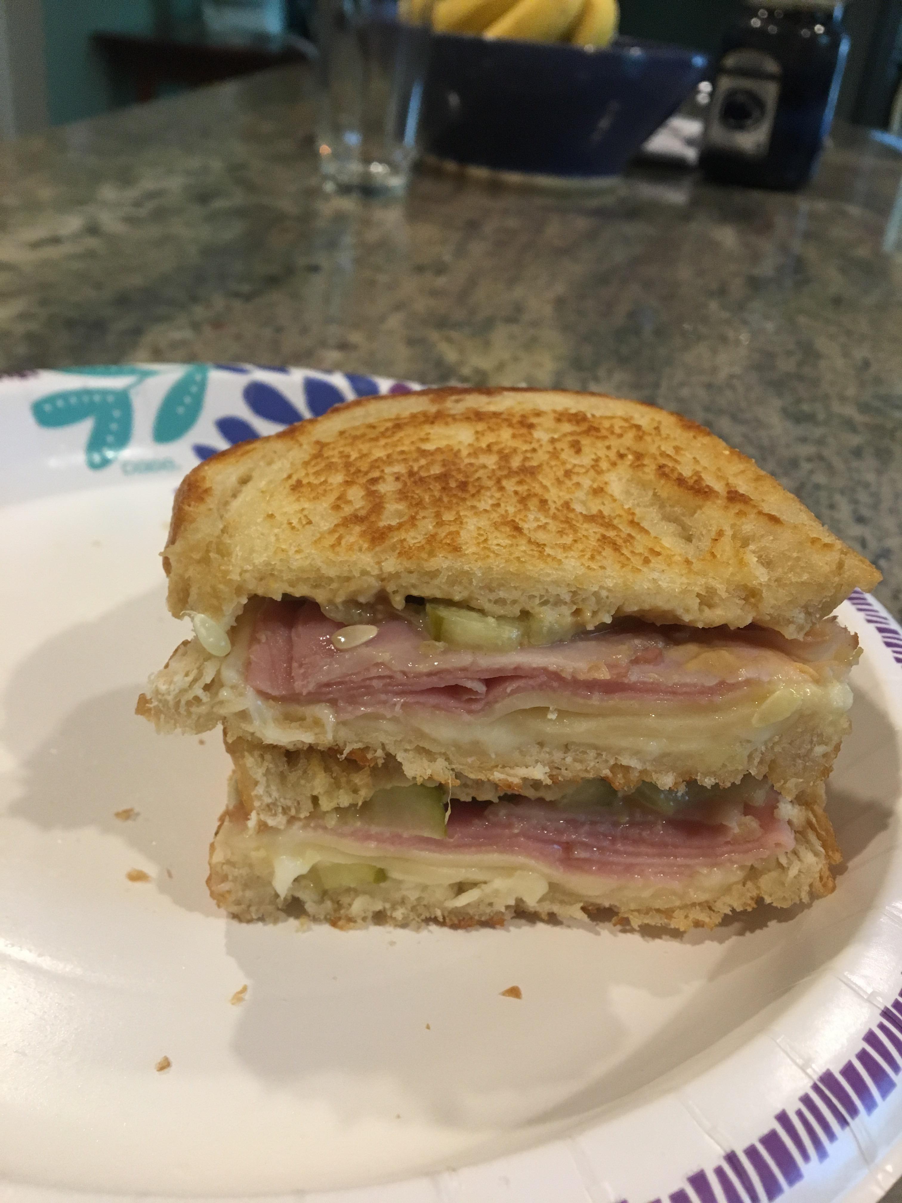 My hangover sandwich uncured Virginia ham, Dijon mustard, sliced dill