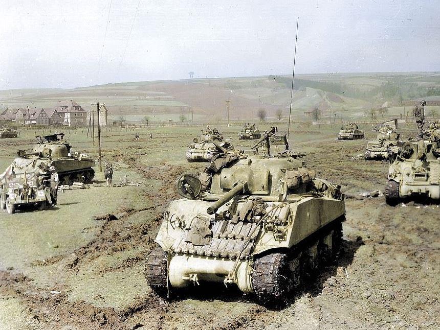 M4A3 Sherman tanks of the 9th US Armored Division in Germany on April 1945 r/TankPorn