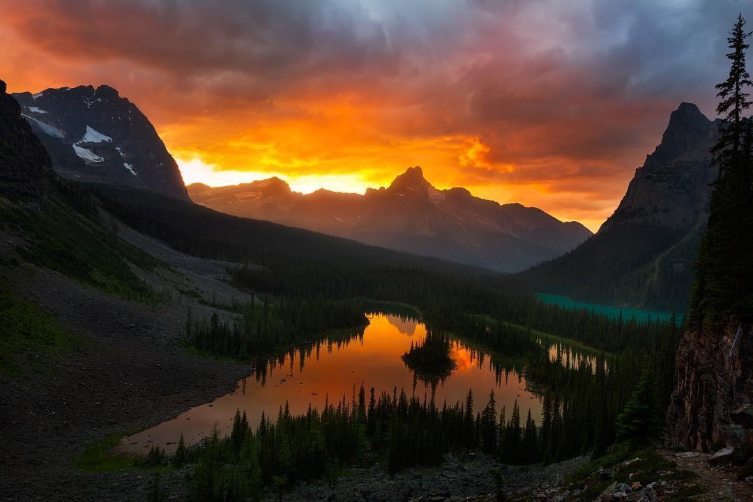 Sunsets on cloudy days are always a suprising treat, Yoho Lake, Fields