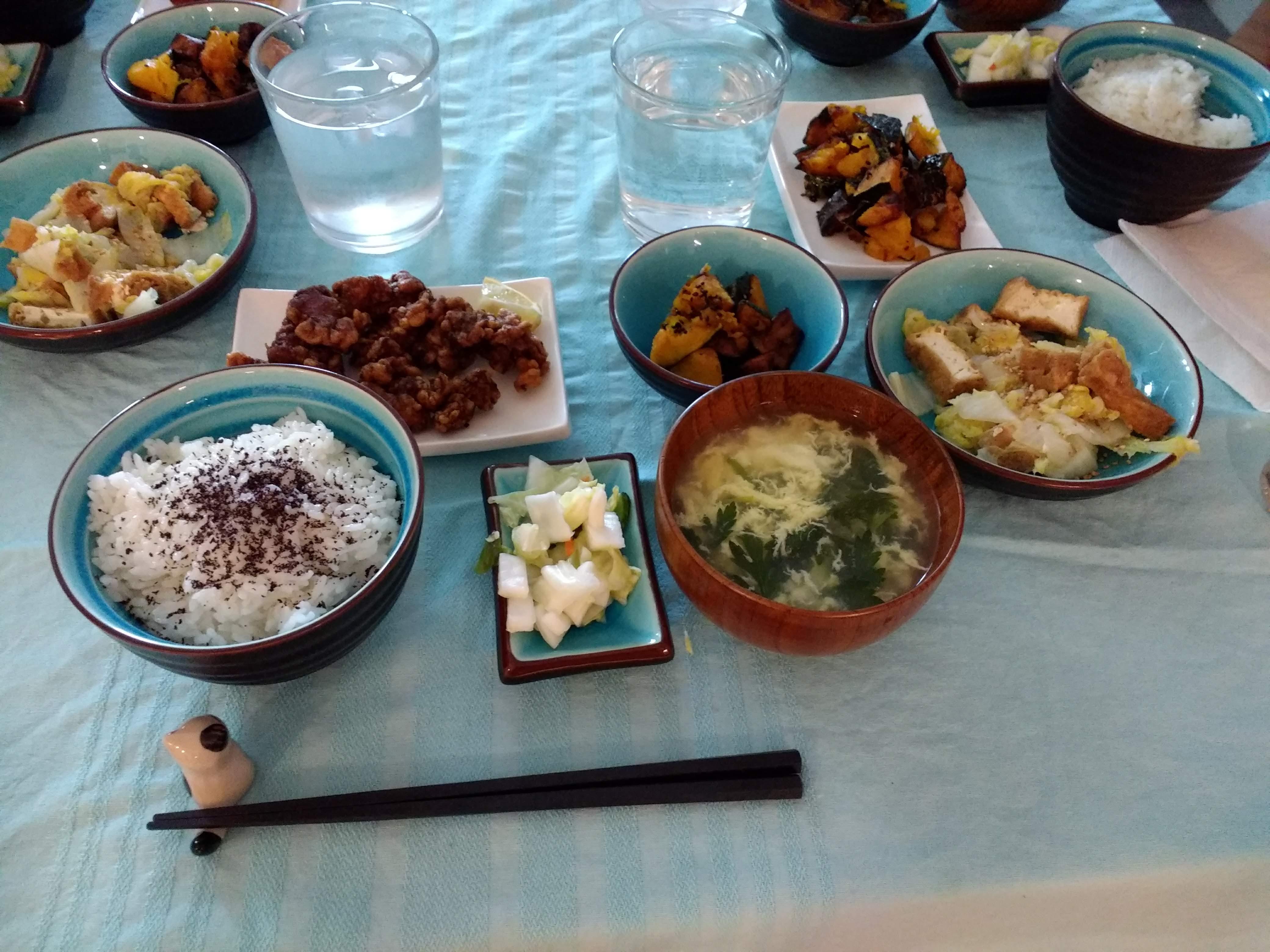 [I made] Karaage, deep fried kabocha, awasazuke, egg drop soup, atsuage
