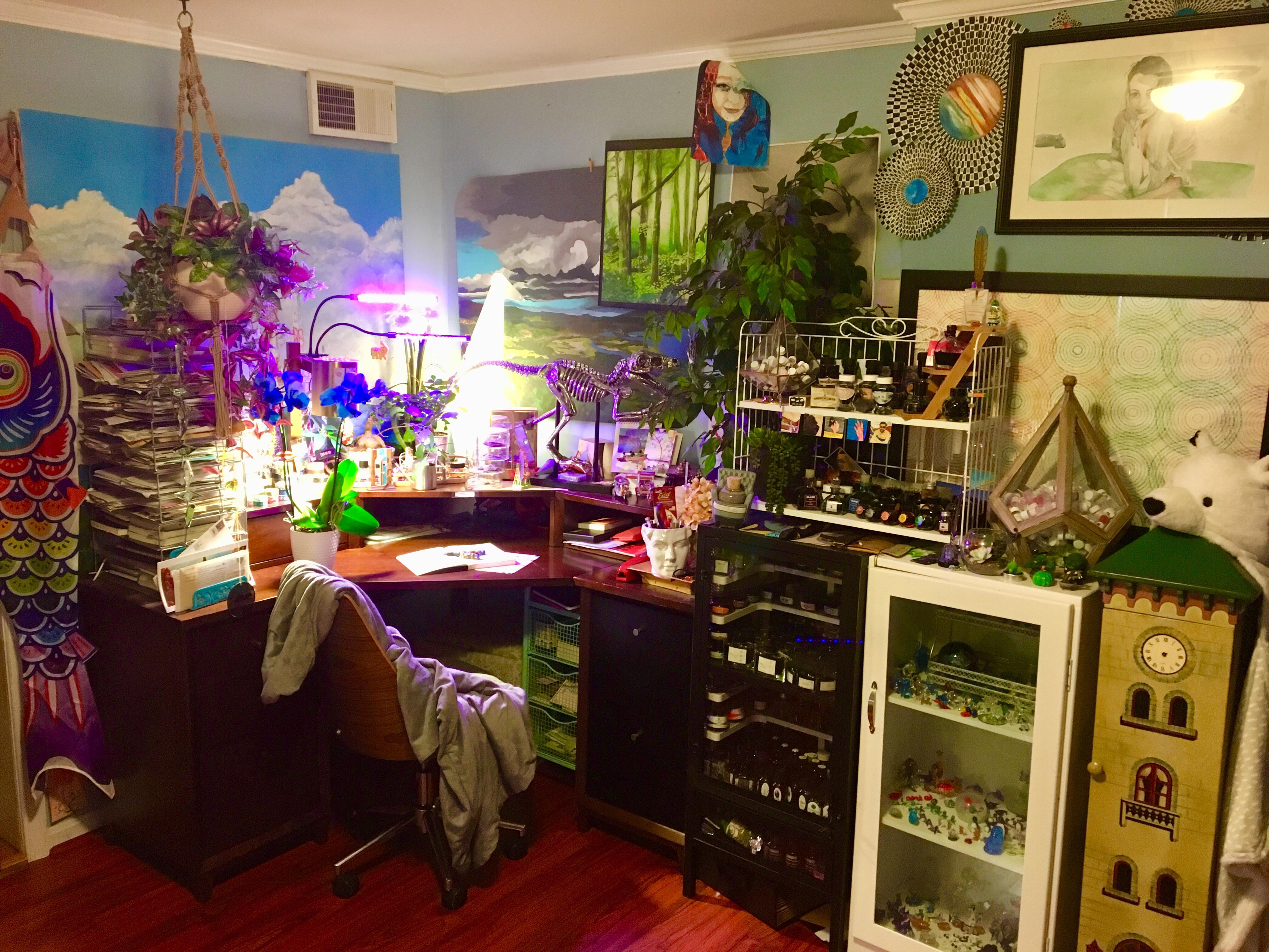 My cozy writing nook, complete with bottled ink storage for 237ish inks