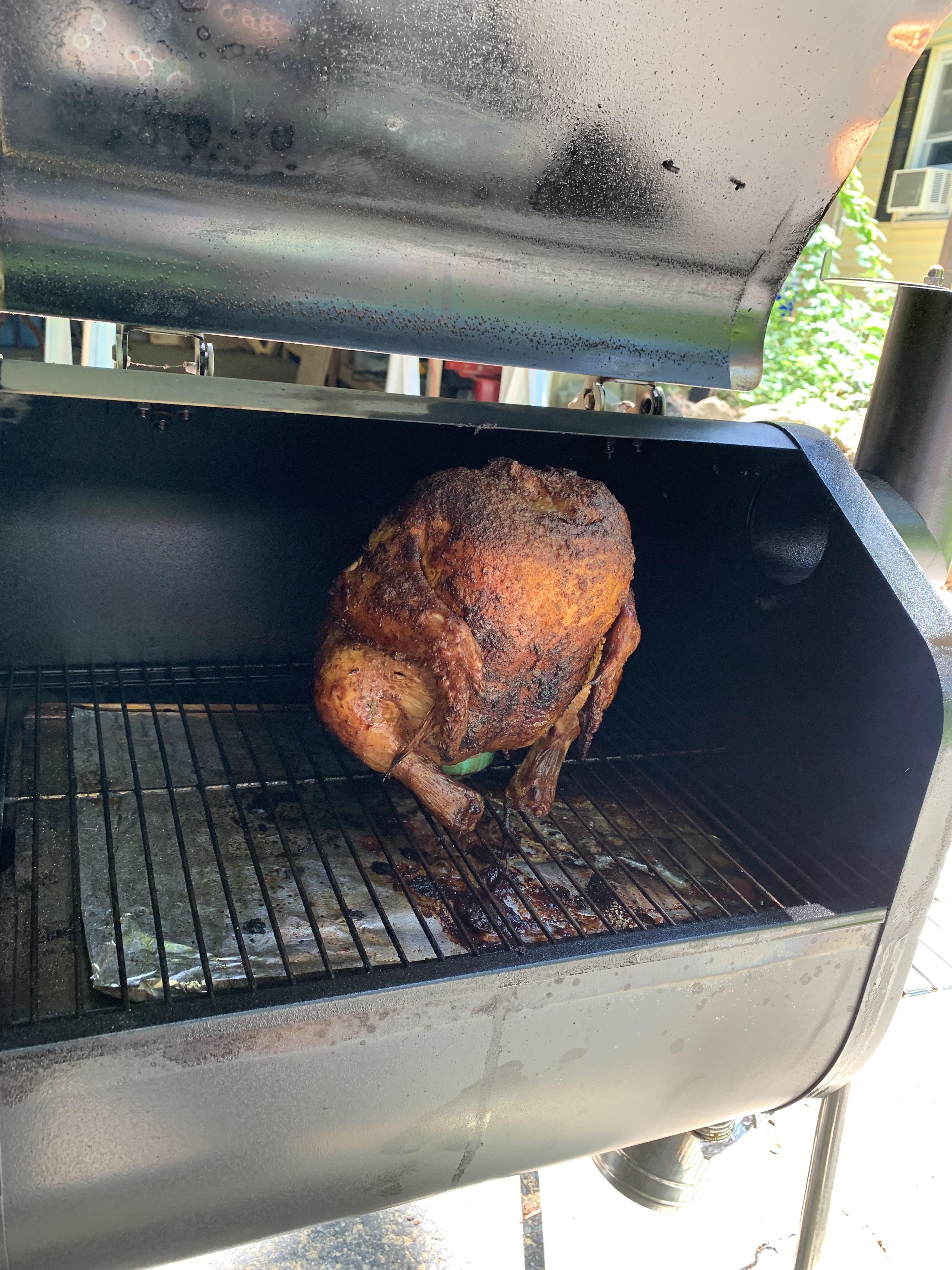 First beer can chicken GMG Davey Crocket pellet smoker, 350 degrees