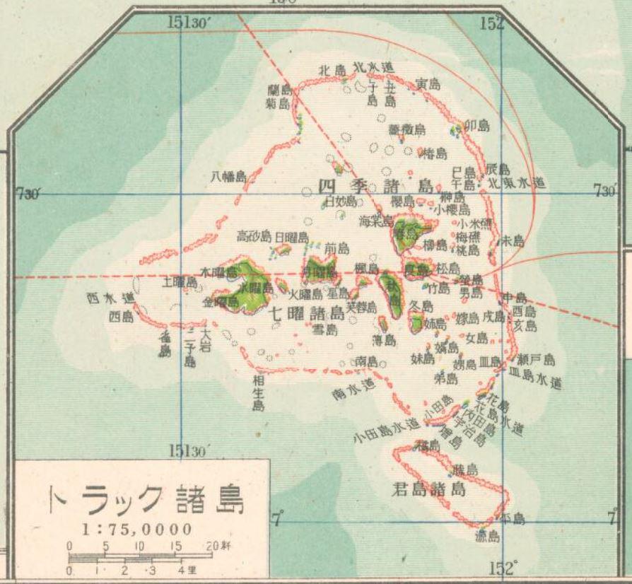 Map of Chuuk Lagoon, Federated States of Micronesia, during the Japanese rule (description and