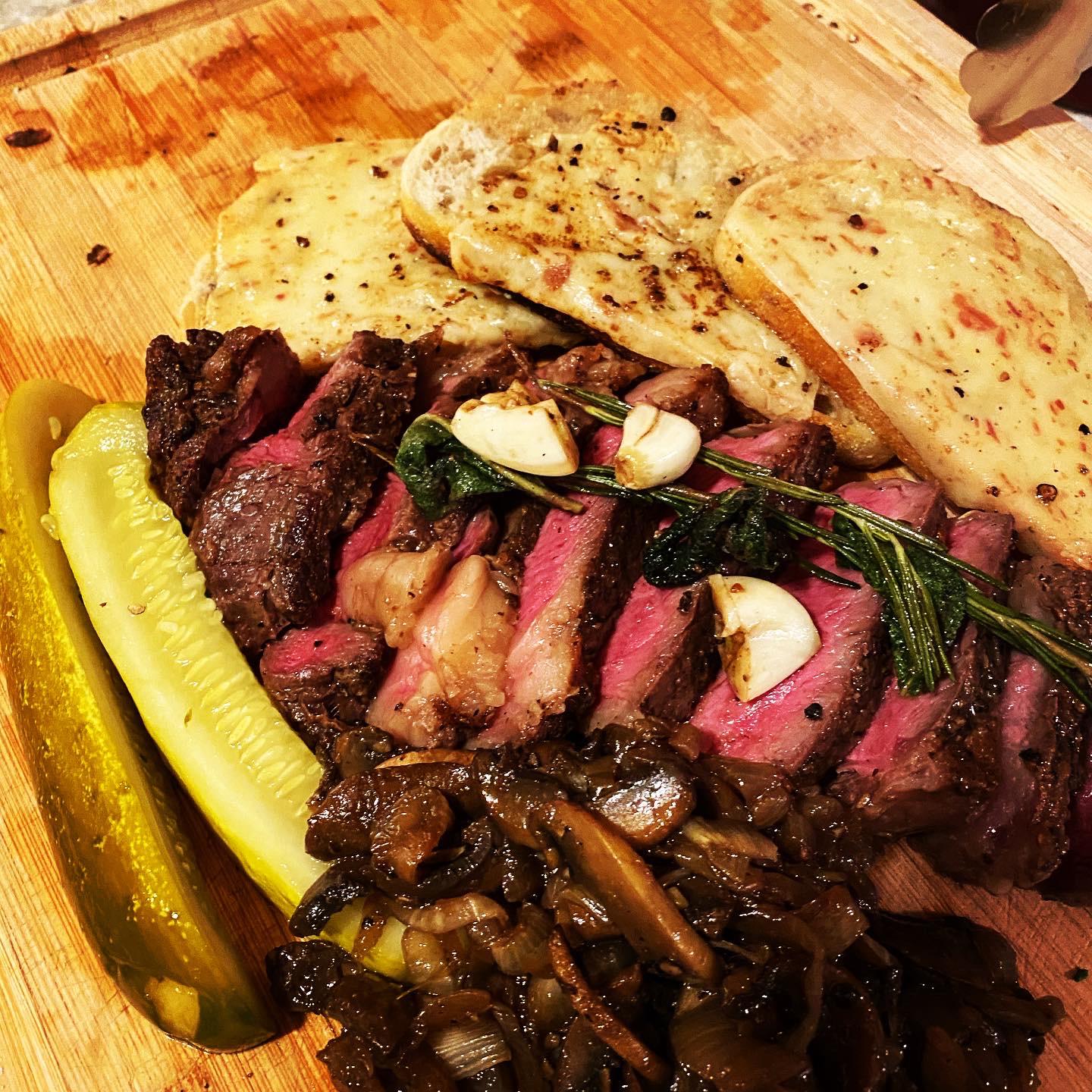 [homemade] Sage/Rosemary/Garlic Ribeye with cheesy/bacon bread, deli