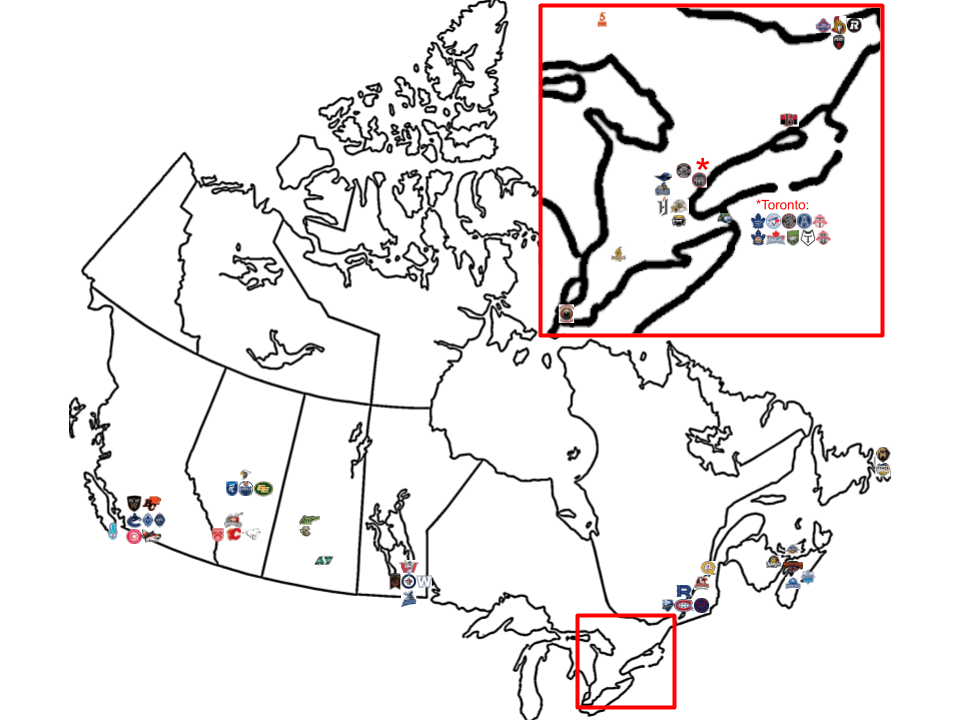 Map of every professional sports team based in Canada (OC) r/MapPorn