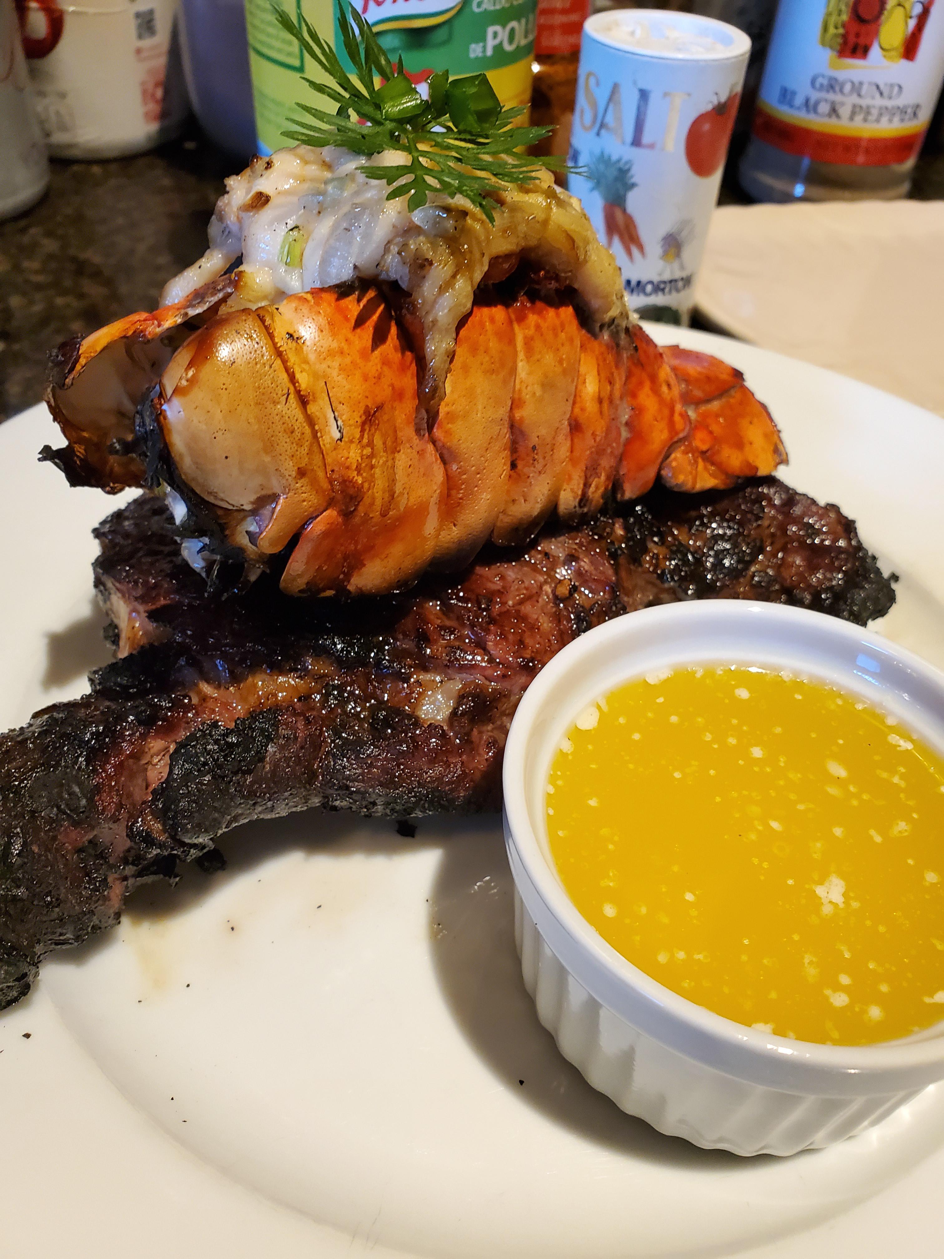 [Homemade] Lobster and ribeye steak with garlic butter r/food