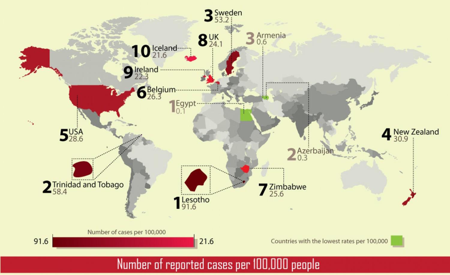 Map shows the 10 highest reported rape rates from around the world r