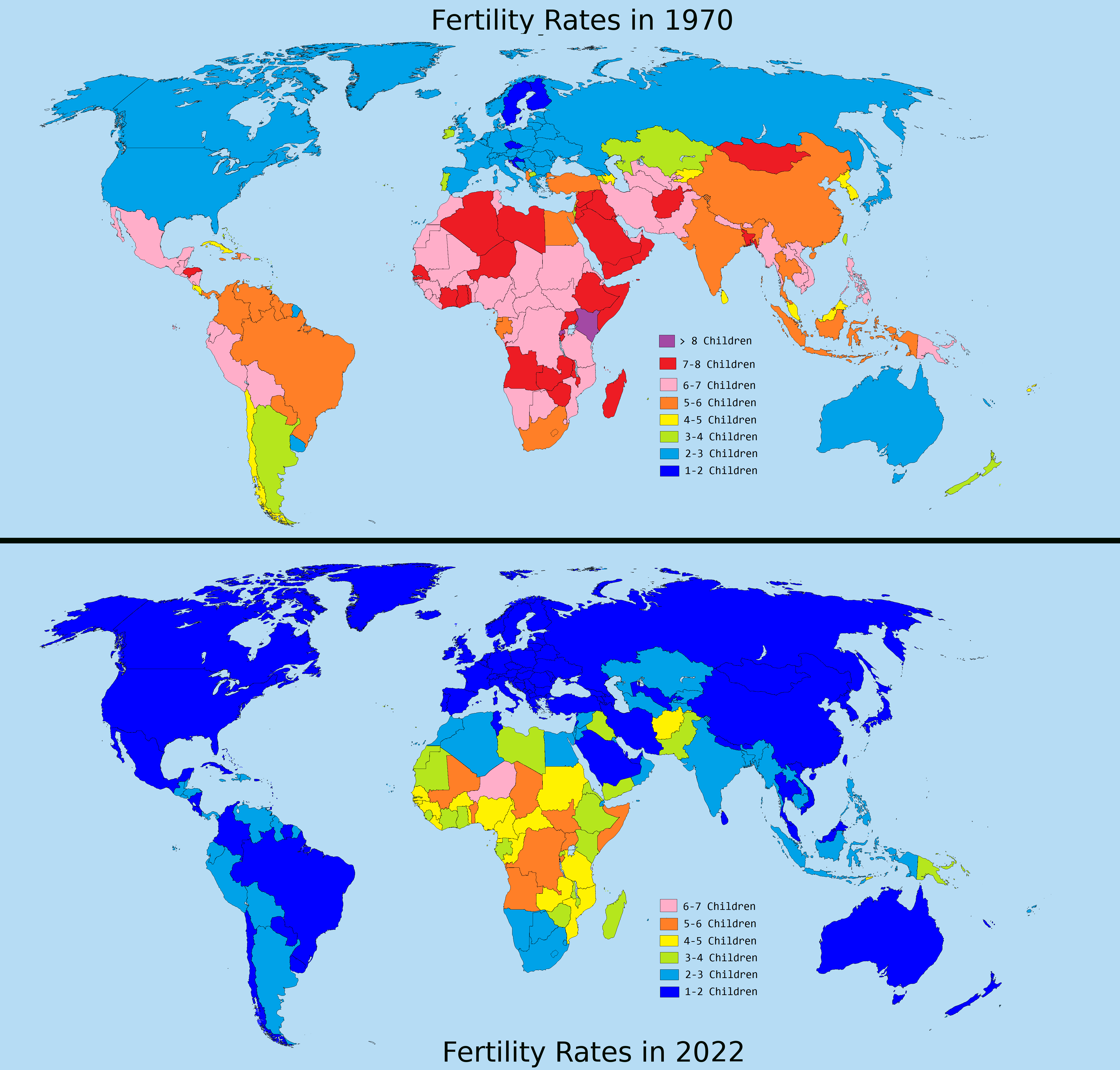[OC] Fertility Rates in the World. 1970 2022 r/MapPorn