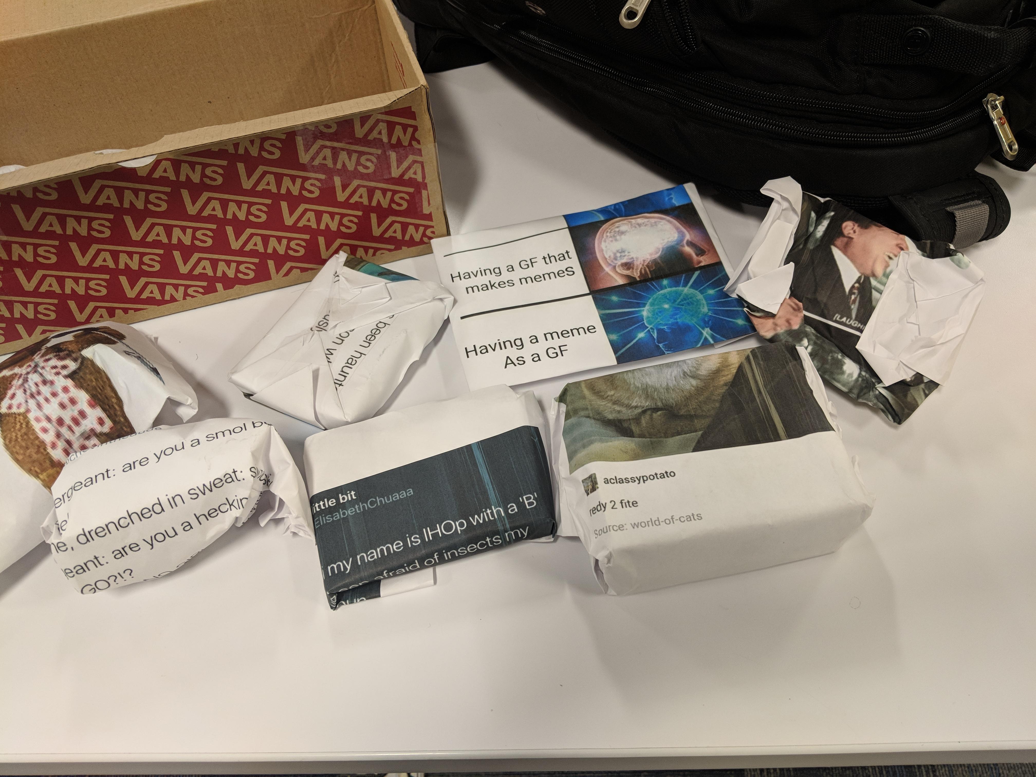 My boyfriend sent me a care package and wrapped all the gifts in memes