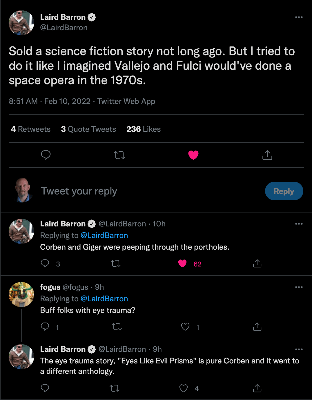 Laird Barron teases two new stories via Twitter... including scifi and
