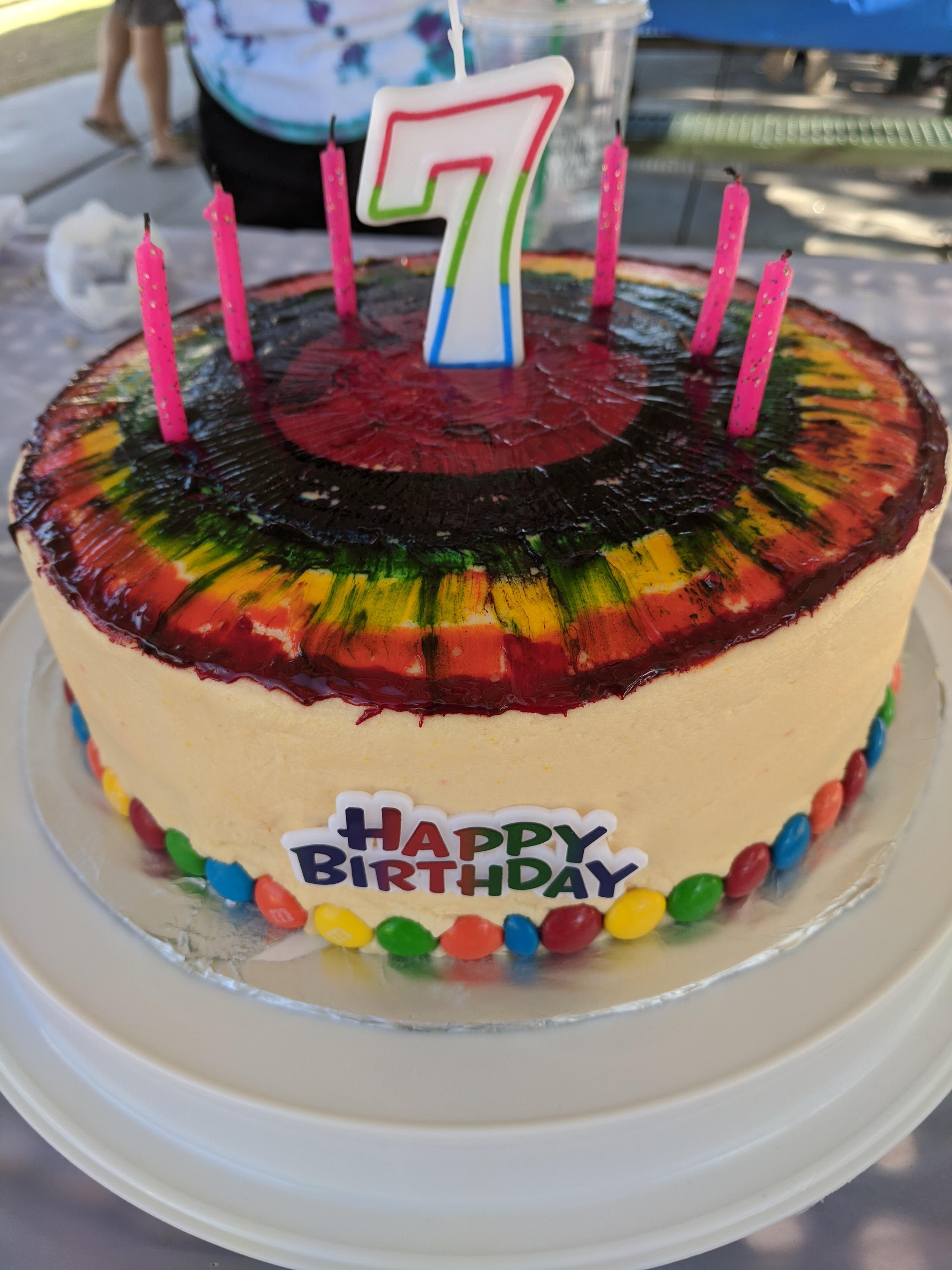 My daughter's 7th birthday cake Tie Dye!! Um... Painting with food