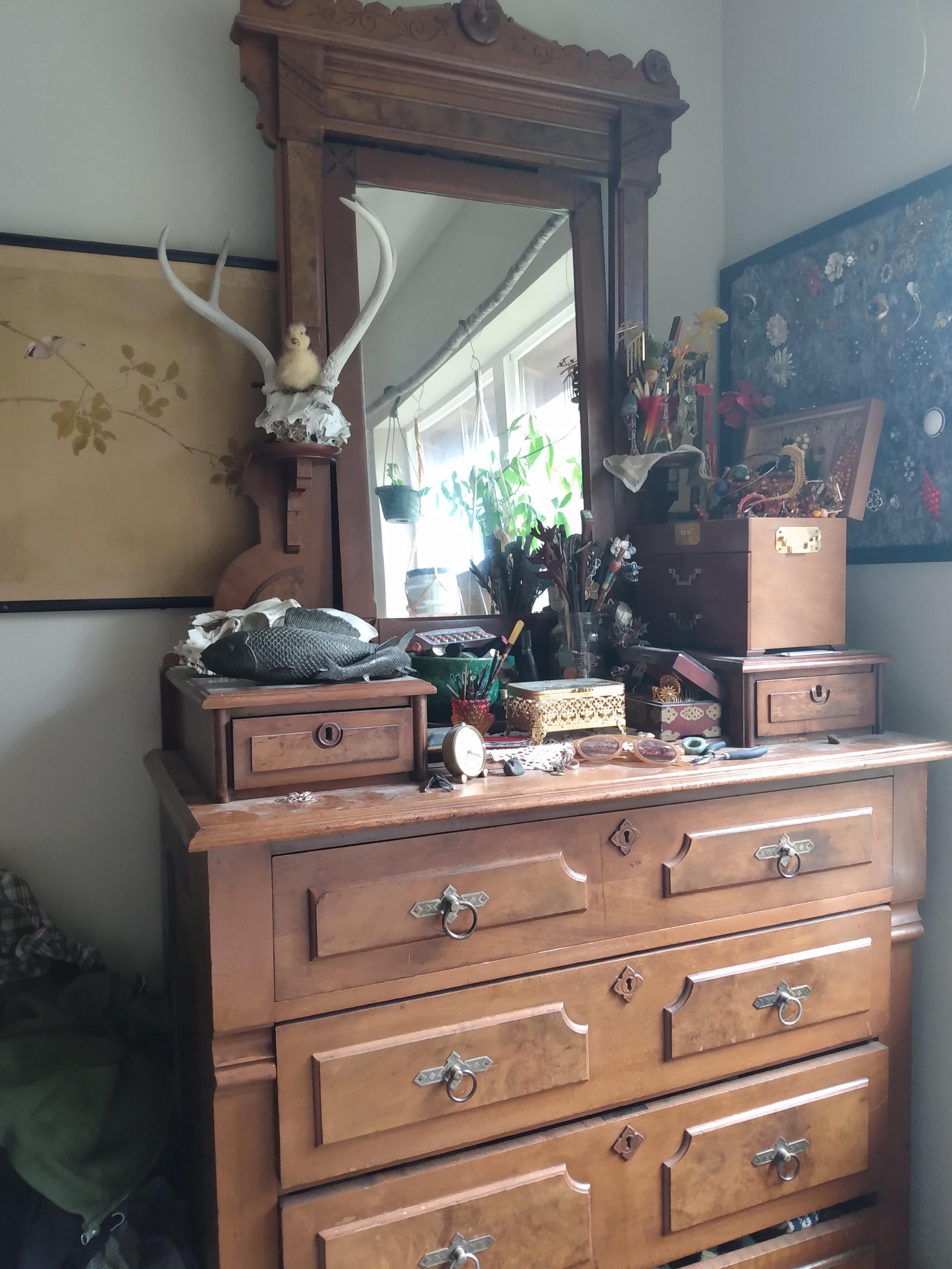 My most beautiful baby. Preplague chestnut dresser with candle stands