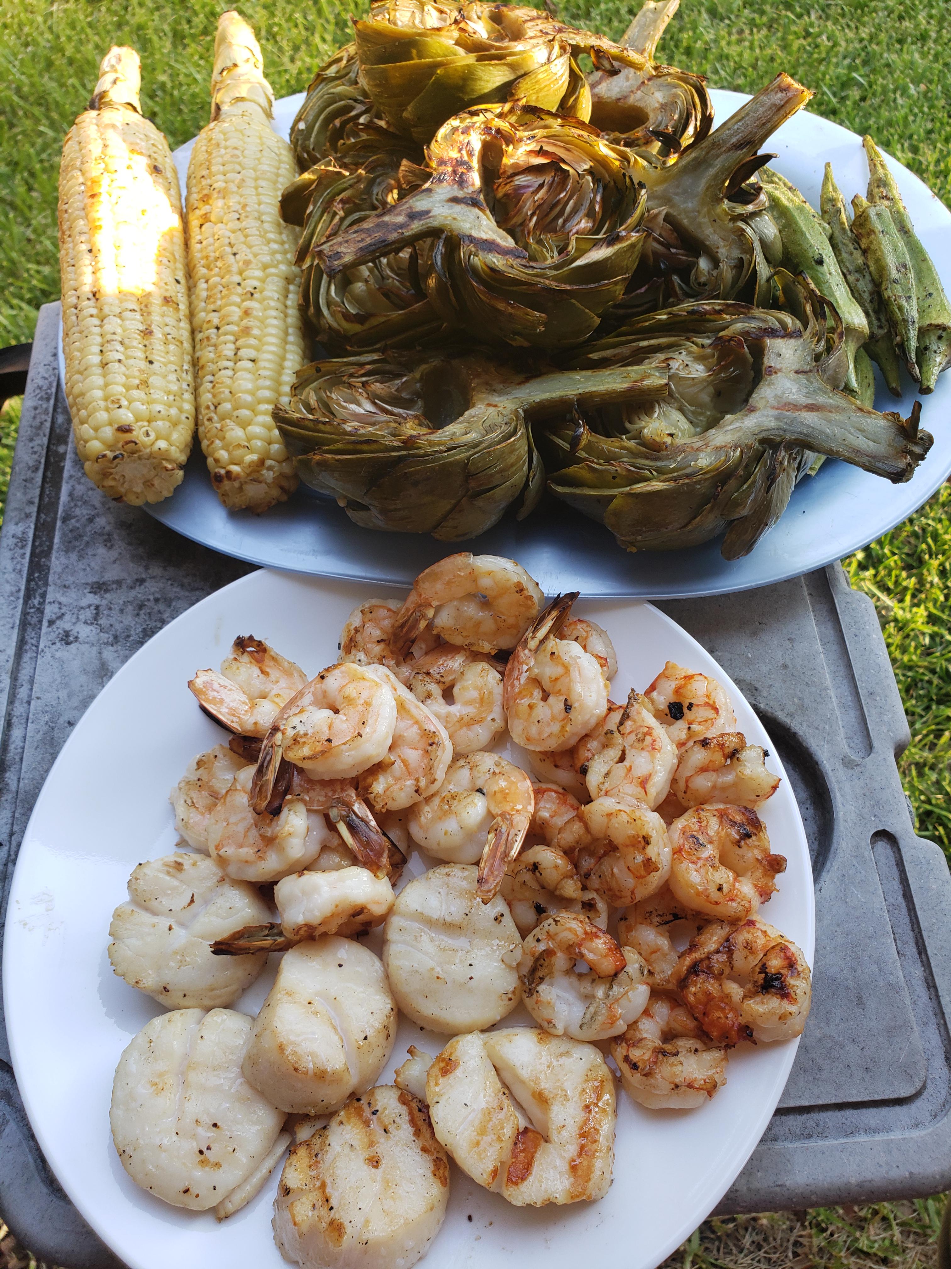 Scallops, Argentinean and gulf shrimp, corn, artichokes (Houston's