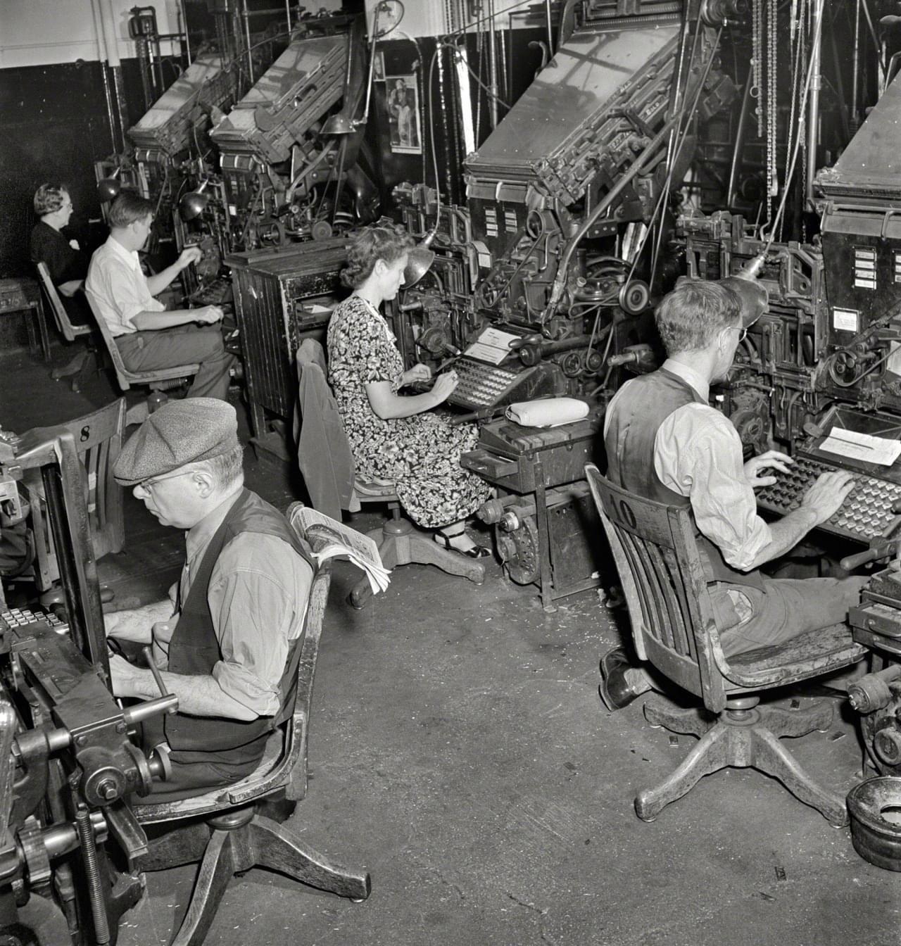 Linotype operators in the composing room of the New York Times, 1942