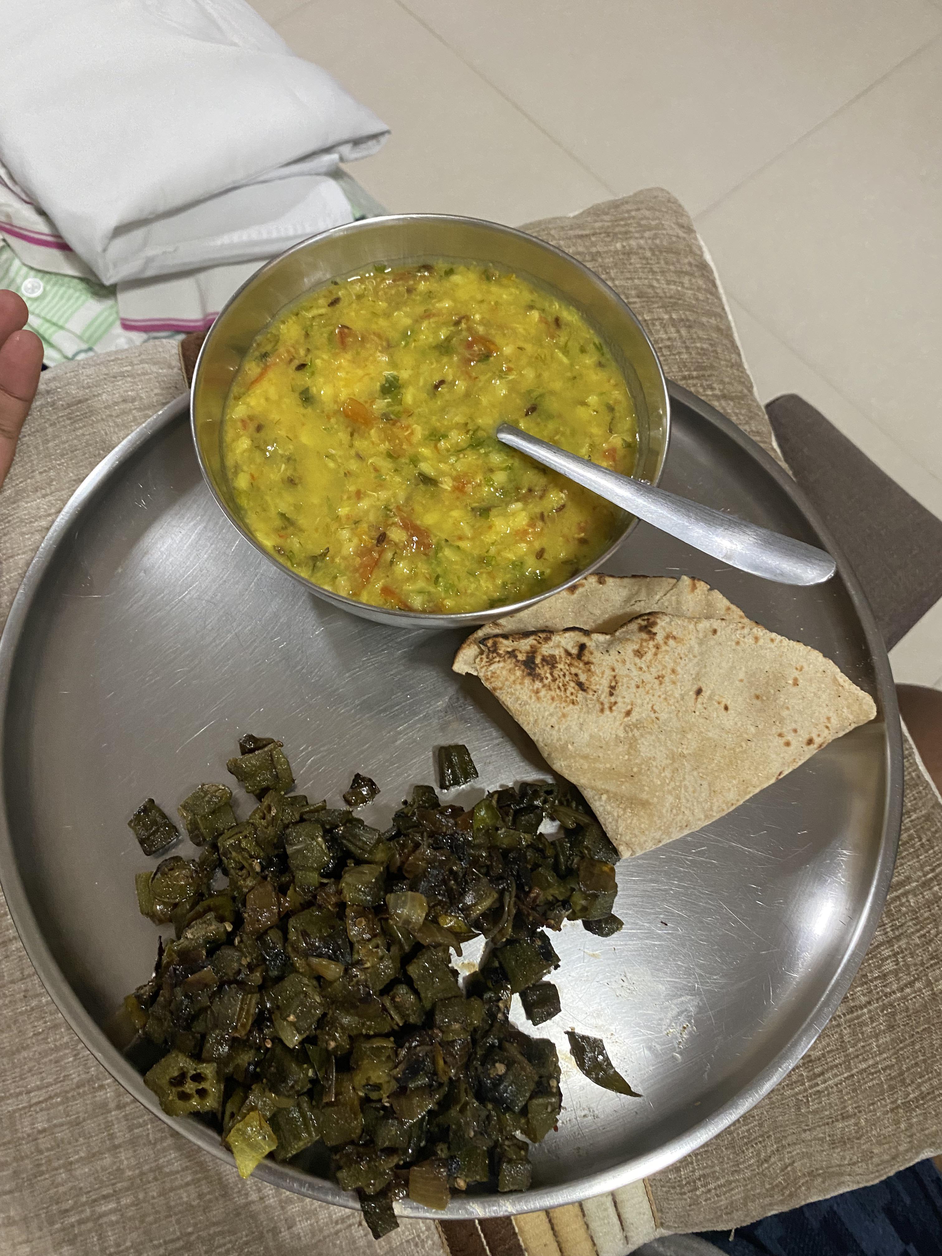 Made home food after 3 months Bhindi, daal and Jowar+atta roti r
