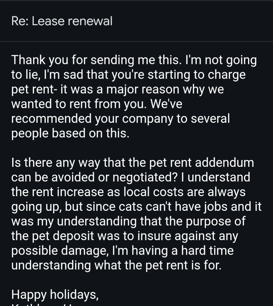 Is this worded okay? Just got the renewal, they're increasing rent and starting to charge pet