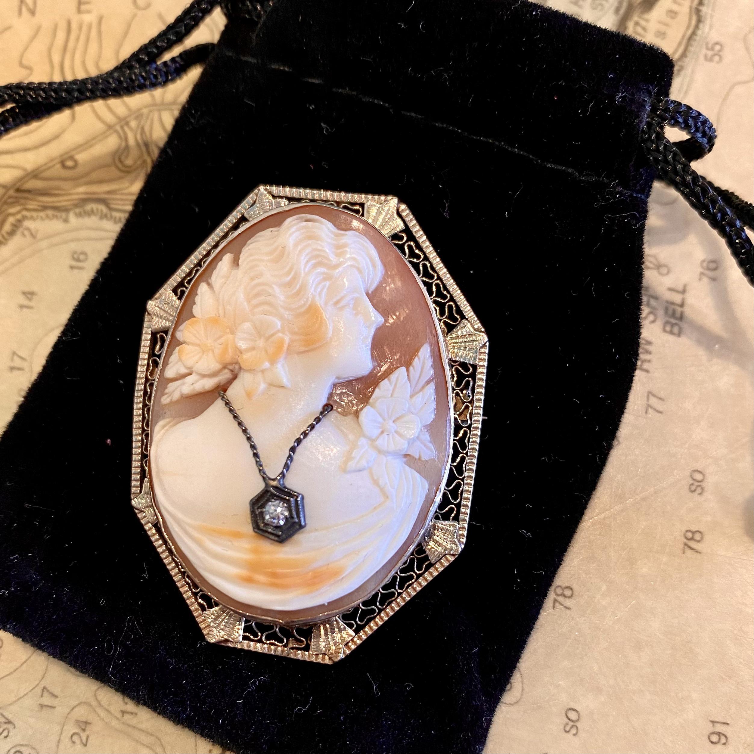 Cameo brooch/pendant in 14k, wearing her own little necklace. Partially want to show off this