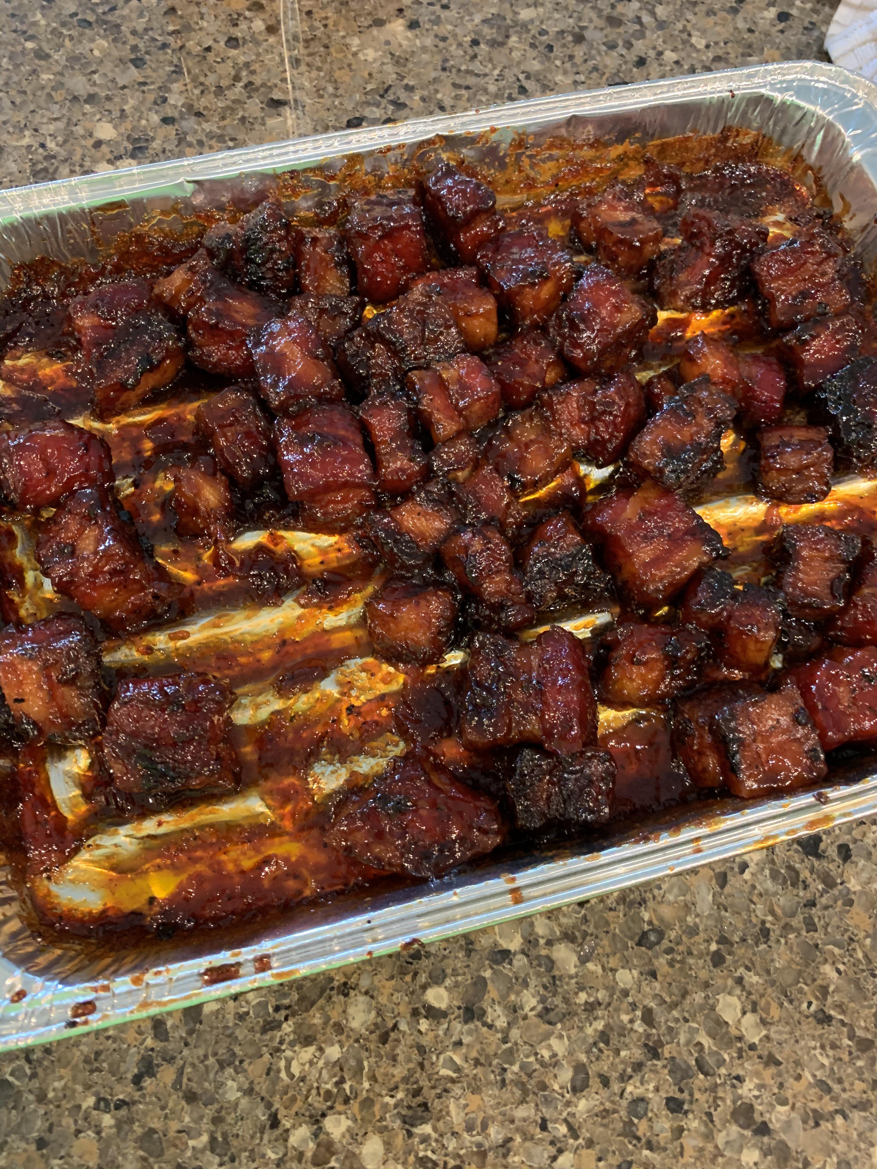 Homemade pork belly burnt ends (glazed in Traeger Apricot BBQ sauce) r/Traeger