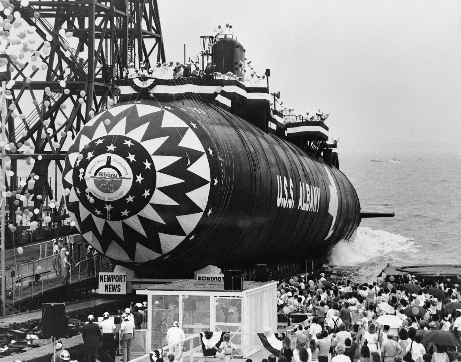 Los Angeles class nuclear attack submarine USS Albany slides down the